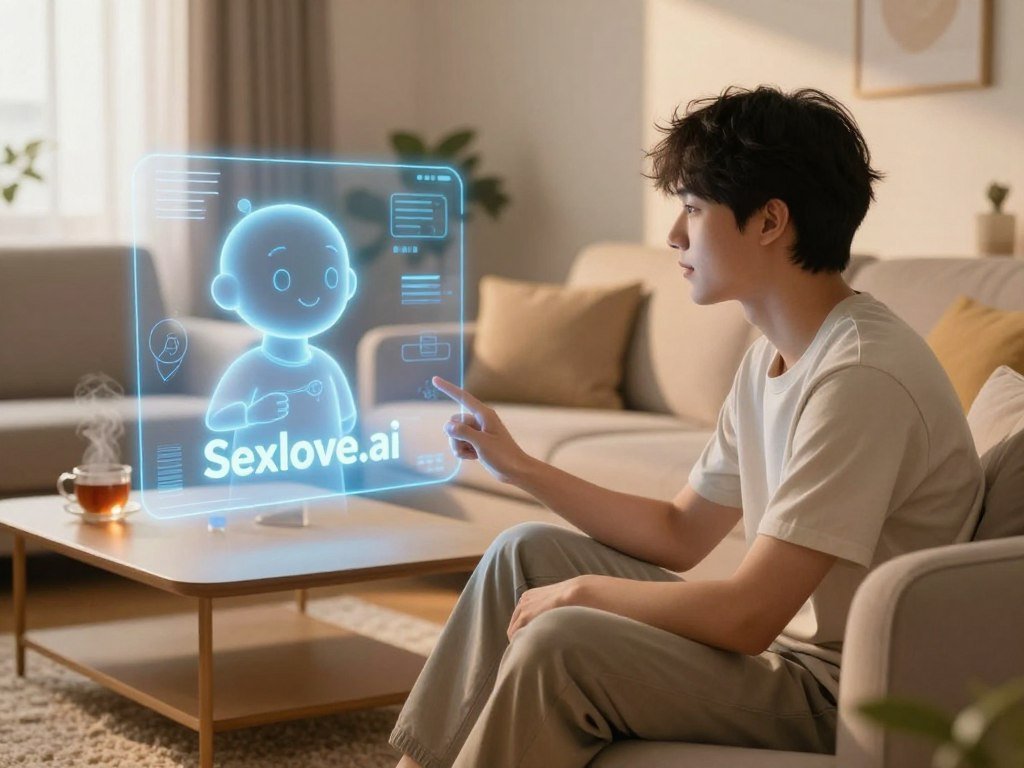 A serene and warm digital scene featuring a virtual companion interacting with a user in a cozy living room setting. In the foreground, a young individual sits comfortably on a modern couch, dressed in casual, modest clothing, gazing at a holographic display of a friendly, lifelike AI projected beside them. The AI figure has soft features, exuding kindness and approachability, with glowing, ethereal elements that suggest intelligence and warmth. In the middle ground, a sleek coffee table is adorned with a steaming cup of tea, while a soft rug adds to the comfort of the space. The background features warm lighting from a nearby window, casting gentle shadows and creating an atmosphere of connection and intimacy. The scene conveys a blend of technology and human emotion, highlighting the transformative experience with "Sexlove.ai." A serene and warm digital scene featuring a virtual companion interacting with a user in a cozy living room setting. In the foreground, a young individual sits comfortably on a modern couch, dressed in casual, modest clothing, gazing at a holographic display of a friendly, lifelike AI projected beside them. The AI figure has soft features, exuding kindness and approachability, with glowing, ethereal elements that suggest intelligence and warmth. In the middle ground, a sleek coffee table is adorned with a steaming cup of tea, while a soft rug adds to the comfort of the space. The background features warm lighting from a nearby window, casting gentle shadows and creating an atmosphere of connection and intimacy. The scene conveys a blend of technology and human emotion, highlighting the transformative experience with "Sexlove.ai."