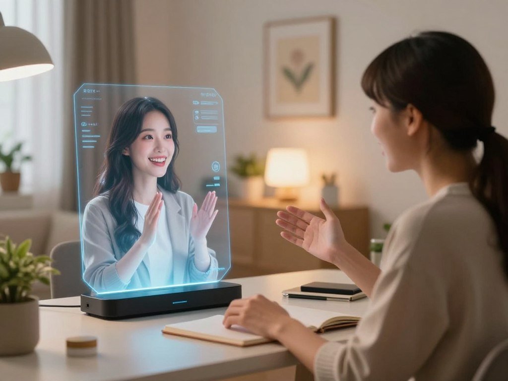 A serene digital environment showcasing a heartwarming virtual interaction between a user and their digital girlfriend created by Sexlove.ai. In the foreground, depict a person sitting at a modern desk, engaged in a joyful conversation with a holographic, humanoid figure projected from a sleek device. The holographic figure should exude warmth, featuring friendly facial expressions, wearing a stylish yet modest outfit. In the middle ground, include subtle elements like a soft glow emanating from the device, symbolizing connectivity and emotions. The background should feature a cozy, well-lit room with soft ambient lighting and personal touches like plants or artwork. The atmosphere should evoke feelings of connection and companionship, capturing the surprise and warmth of meaningful digital relationships.