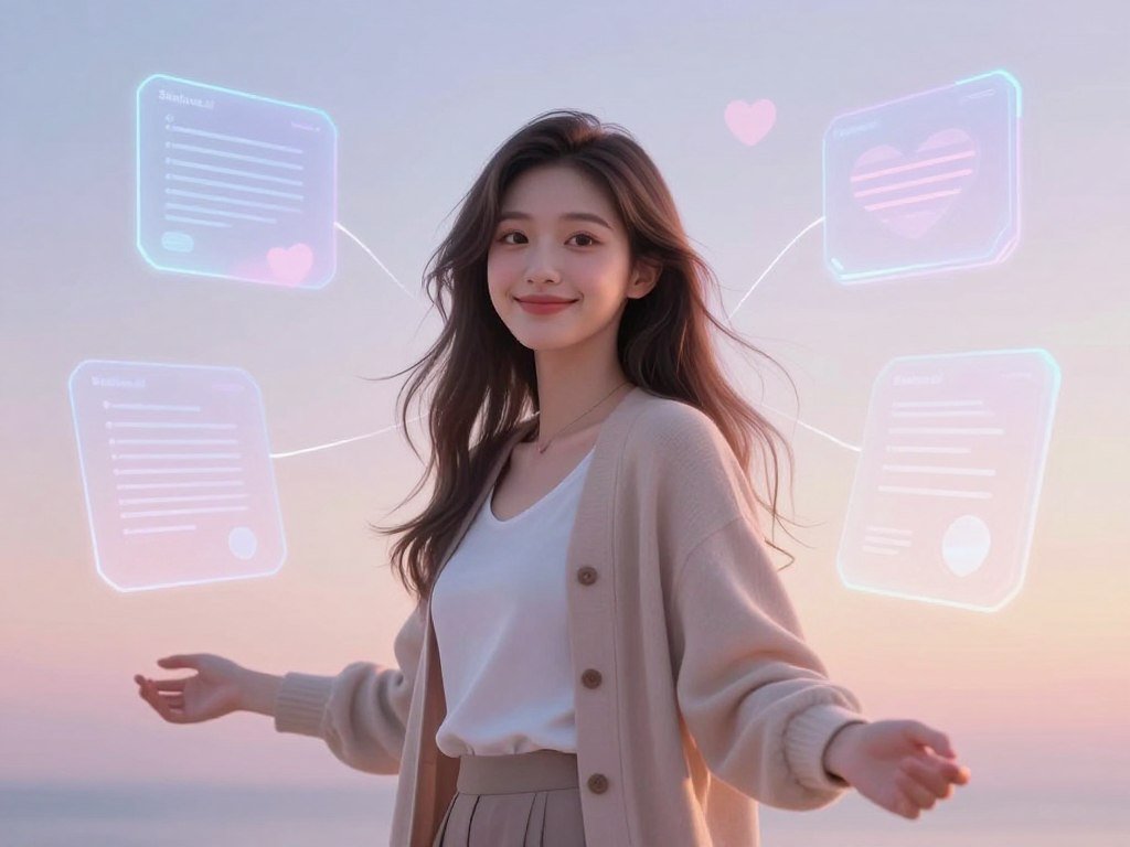 A serene, digital space depicting a virtual girlfriend, showcasing an ethereal character surrounded by soft, glowing holograms representing various aspects of relationship dynamics. In the foreground, the virtual girlfriend appears as a young woman with long, flowing hair and bright, expressive eyes, dressed in a stylish yet modest outfit that conveys warmth and approachability. Her pose is inviting, with a gentle smile and open arms, suggesting a feeling of connection. In the middle ground, abstract shapes and lines represent love and connection, gently illuminating the scene. The background features a soft gradient of pastel colors, casting a peaceful and hopeful atmosphere. The lighting is soft, diffused, reflecting an intimate and engaging environment. The brand name "Sexlove.ai" is subtly integrated into the background elements, maintaining a clear focus on the character and the theme of virtual love.