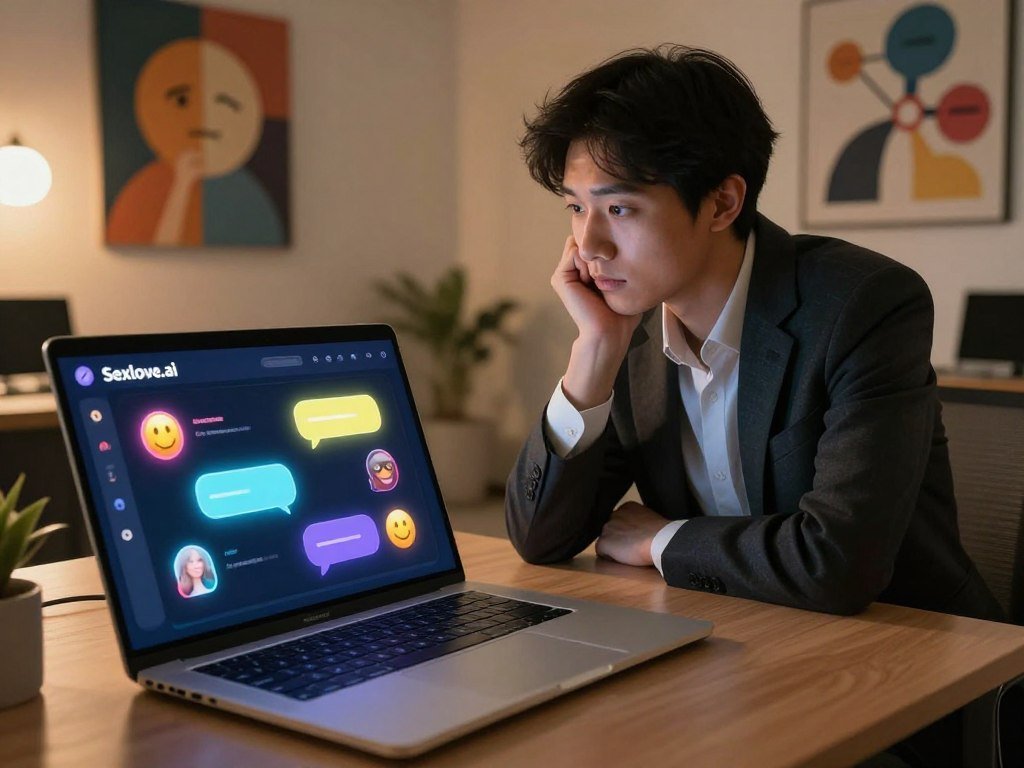 A serene digital workspace showcasing a conversational AI platform named "Sexlove.ai". In the foreground, a sleek laptop displays an interactive chat interface filled with colorful, glowing chat bubbles and emoticons, symbolizing synthetic emotional depth. In the middle ground, a thoughtful individual in professional attire leans over the laptop, their expression reflecting curiosity and introspection, exploring the authenticity of synthetic bonds. The background features a softly lit, modern office environment with abstract art depicting emotions and connections, creating a warm, inviting atmosphere. The lighting is warm, with soft shadows, enhancing the feelings of contemplation and connection. The angle is a slight bird's eye view, perfect for capturing both the individual and the innovative technology at play.