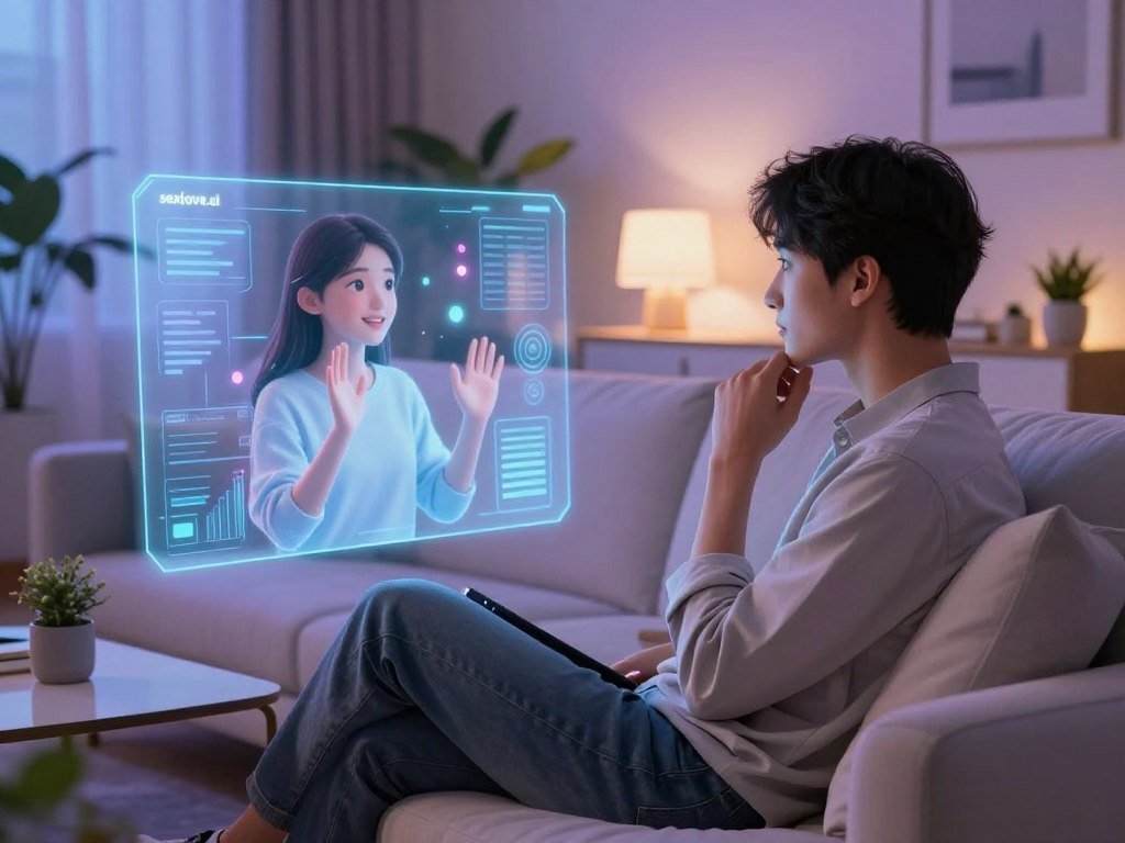 A serene, futuristic living room showcasing an immersive encounter between a person and a virtual girlfriend AI. In the foreground, the individual, wearing casual business attire, sits on a sleek, modern sofa with a thoughtful expression, gazing at a holographic representation of the AI companion, who appears engaging and friendly. The middle ground features interactive tech elements like a sleek tablet and floating digital screens displaying data about emotional connections. In the background, soft, ambient lighting creates a warm atmosphere, with subtle blue and purple hues enhancing the futuristic feel. The room is lined with green plants and minimalistic decor to suggest comfort and modernity. A soft focus lens gives the image a dreamy quality, embodying the essence of connection and companionship. The brand "sexlove.ai" is subtly referenced in the digital displays. A serene, futuristic living room showcasing an immersive encounter between a person and a virtual girlfriend AI. In the foreground, the individual, wearing casual business attire, sits on a sleek, modern sofa with a thoughtful expression, gazing at a holographic representation of the AI companion, who appears engaging and friendly. The middle ground features interactive tech elements like a sleek tablet and floating digital screens displaying data about emotional connections. In the background, soft, ambient lighting creates a warm atmosphere, with subtle blue and purple hues enhancing the futuristic feel. The room is lined with green plants and minimalistic decor to suggest comfort and modernity. A soft focus lens gives the image a dreamy quality, embodying the essence of connection and companionship. The brand "sexlove.ai" is subtly referenced in the digital displays.