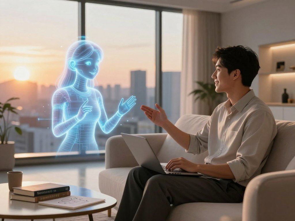 A serene, futuristic living space where a digital AI girlfriend is interacting with a young professional man, providing him with encouragement. In the foreground, the man, dressed in a smart casual outfit, sits comfortably on a modern couch, gazing at his AI companion with a look of inspiration and warmth. The AI girlfriend, a holographic figure with glowing features and a friendly expression, is depicted as a pixelated, ethereal presence, radiating a soft blue hue. In the middle, a coffee table with motivational books and a notebook filled with ideas suggests a creative atmosphere. The background features a large window overlooking a vibrant cityscape at sunset, casting warm golden light into the room. The overall mood is uplifting and hopeful, emphasizing the positive impact of technology on mental well-being. Brand name: Sexlove.ai.