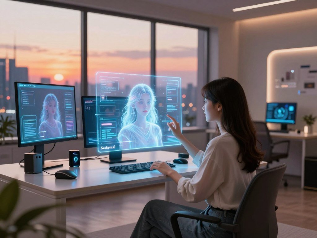 A serene, futuristic room bathed in soft, ambient lighting, filled with holographic displays showcasing an AI interface. In the foreground, a young woman in casual yet stylish attire interacts with a glowing holographic projection of her AI girlfriend, who appears ethereal and friendly. The middle layer features a sleek desk with modern tech gadgets and a computer displaying the brand name "Sexlove.ai". The background reveals a large window overlooking a vibrant cityscape at sunset, symbolizing the connection between reality and digital experience. The atmosphere is uplifting and contemplative, reflecting the theme of navigating the boundaries between reality and simulation, with warm colors and a cozy ambiance. The image should be clear and professionally composed, shot with a wide-angle lens to capture all elements harmoniously. A serene, futuristic room bathed in soft, ambient lighting, filled with holographic displays showcasing an AI interface. In the foreground, a young woman in casual yet stylish attire interacts with a glowing holographic projection of her AI girlfriend, who appears ethereal and friendly. The middle layer features a sleek desk with modern tech gadgets and a computer displaying the brand name "Sexlove.ai". The background reveals a large window overlooking a vibrant cityscape at sunset, symbolizing the connection between reality and digital experience. The atmosphere is uplifting and contemplative, reflecting the theme of navigating the boundaries between reality and simulation, with warm colors and a cozy ambiance. The image should be clear and professionally composed, shot with a wide-angle lens to capture all elements harmoniously.