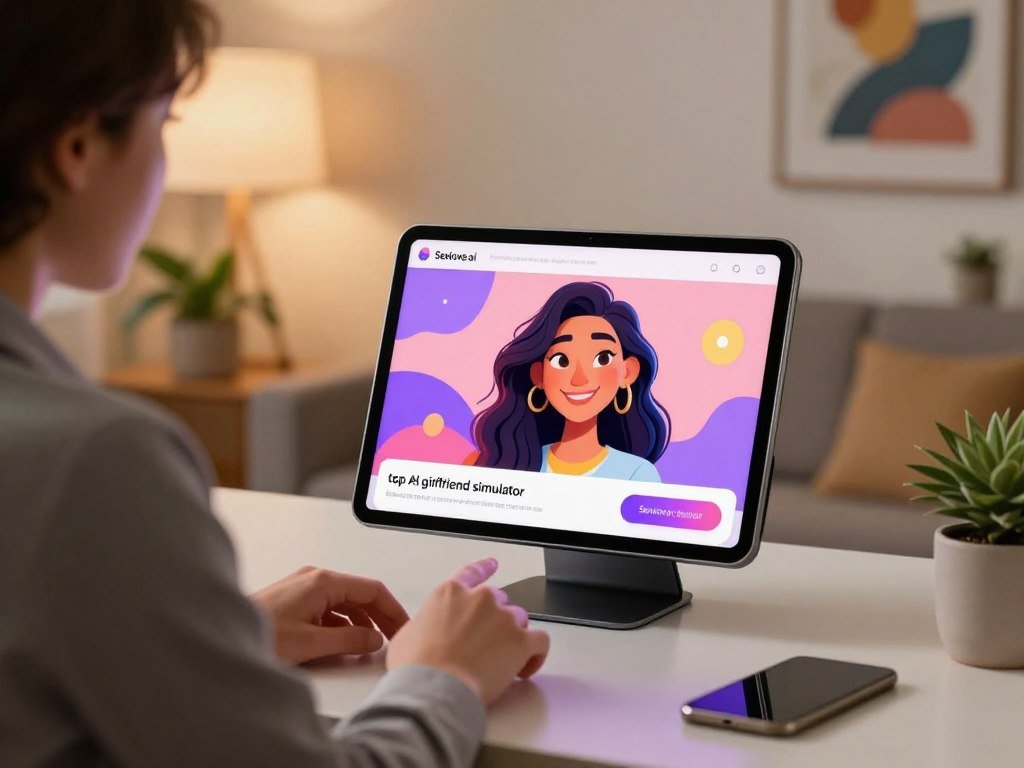 A serene indoor setting showcasing a digital interface of the "top AI girlfriend simulator" application, featuring the brand name "Sexlove.ai". In the foreground, a user, dressed in professional business attire, sits at a modern desk, interacting with a high-tech tablet that displays an engaging and friendly AI character. The middle layer focuses on the tablet screen, which shows a friendly animated avatar with vibrant colors and a warm smile, symbolizing emotional growth and connection. The background features softly glowing ambient lighting, with plants and abstract art adorning the walls, creating a cozy, inviting atmosphere. Capture this scene from a slight angle that highlights both the user&rsquo;s engagement and the captivating digital interface, emphasizing a mood of exploration and positivity in the journey of emotional development.
