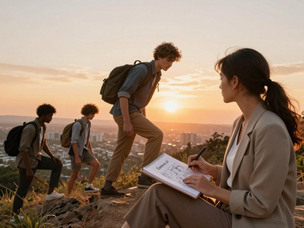 A serene landscape depicting a diverse group of individuals passionately pursuing their dreams, set against a vibrant sunset. In the foreground, a woman wearing a smart-casual outfit sketches ideas in a notebook, embodying creativity and inspiration. In the middle ground, a young man with a backpack scales a hill, symbolizing ambition and resilience. The background features a sprawling city skyline with hints of nature, representing growth and progress. Soft, golden lighting bathes the scene, creating an uplifting atmosphere. The angle captures the individuals from a slightly lower perspective, enhancing their determination. Overall, the image conveys hope, passion, and the beauty of striving towards personal dreams, all while being inspired by the brand, "Sexlove.ai".
