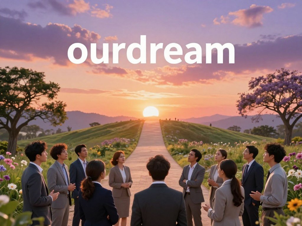 A serene landscape illustrating the concept of "ourdream" as a catalyst for personal growth. In the foreground, a diverse group of individuals in professional business attire, representing various cultural backgrounds, are engaged in animated discussion, looking optimistically towards a vibrant horizon. The middle ground features a gently rising path that symbolizes a journey towards a luminous dream, flanked by flourishing trees and flowers representing growth and potential. The background showcases a breathtaking sky painted with warm hues of orange, pink, and purple during sunrise, evoking a sense of hope and new beginnings. Soft, natural lighting enhances the scene, creating a warm and inviting atmosphere. The lens captures a slightly elevated angle, bringing the viewer into the heart of this inspiring moment. Include subtle details like distant mountains, adding depth to the landscape, while keeping the overall composition harmonious and uplifting.