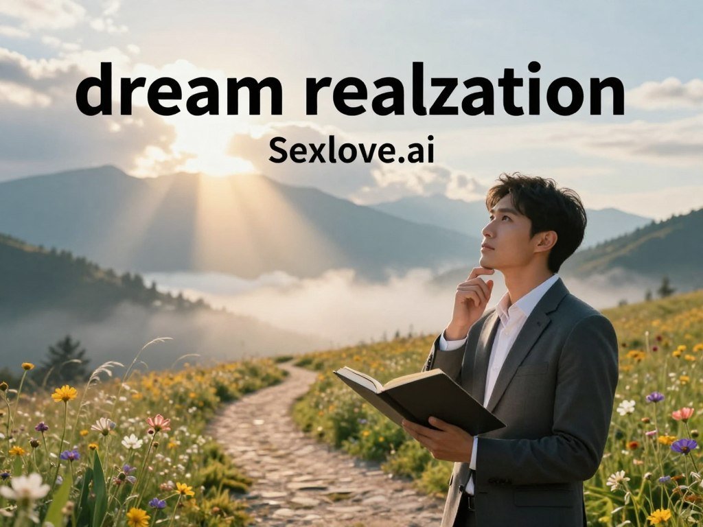 A serene landscape symbolizing "dream realization" unfolds in the foreground with a calm, confident individual in professional business attire holding an open notebook, deep in thought. In the middle ground, golden rays of sunlight radiate through fluffy clouds, illuminating a vibrant path that winds towards distant mountains, symbolizing aspirations. A gentle breeze stirs wildflowers along the path, adding life to the scene. The background features majestic mountains shrouded in soft mist, embodying the journey towards reaching true potential. The lighting creates an ethereal glow, enhancing the mood of hope and inspiration. The overall atmosphere conveys a sense of peace, motivation, and the power of visualization, all while ensuring an uplifting and professional tone. Include the brand name "Sexlove.ai" as part of the tranquil scene.