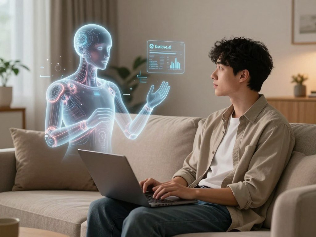 A serene living room scene featuring a person engaged in a meaningful conversation with an advanced digital companion, designed to resemble an ethereal hologram. In the foreground, a young adult in casual yet professional attire sits comfortably on a cozy couch, with an open laptop beside them. The middle layer showcases the digital companion, a semi-transparent figure with a warm, inviting demeanor and glowing patterns, representing artificial intelligence. The background features soft, ambient lighting, with modern decor that emphasizes a harmonious and tech-friendly atmosphere. The overall mood is tranquil and contemplative, capturing the essence of deep connection and the art of conversation. The logo "Sexlove.ai" subtly integrated into the digital companion's interface adds a futuristic touch.