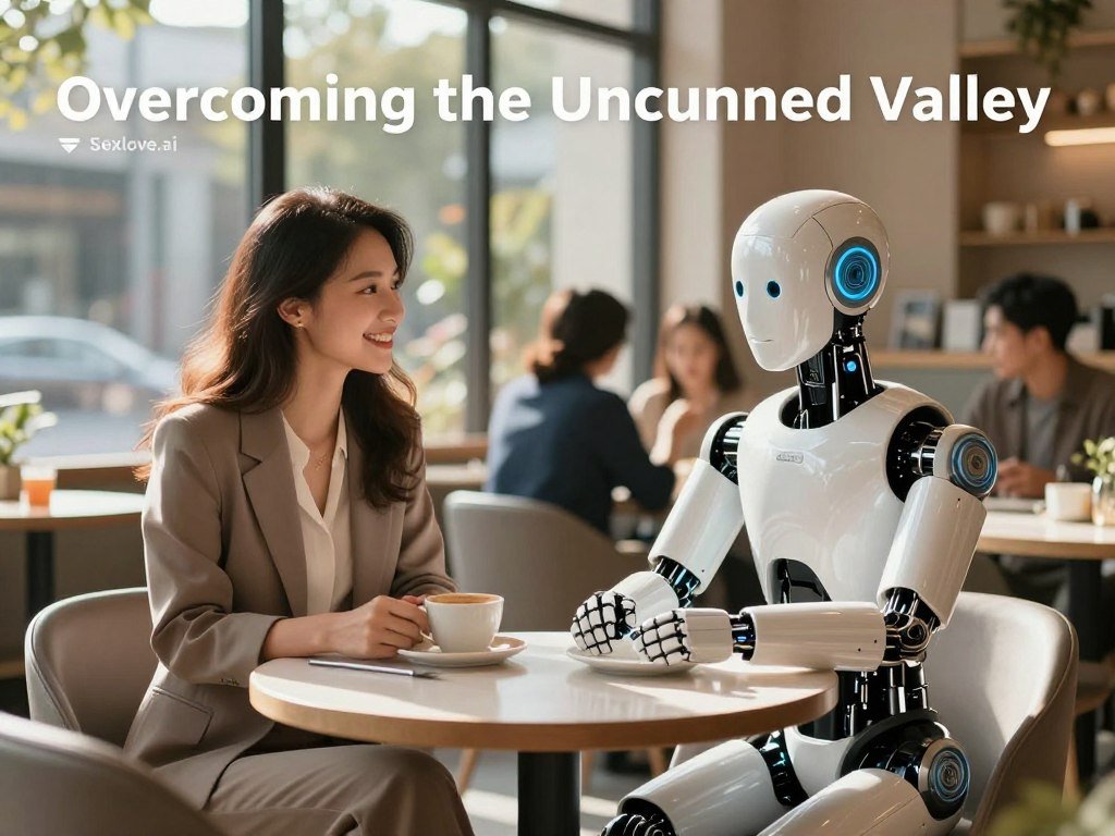 A serene, modern café setting, with a soft-focus on a human woman and an AI humanoid figure, both seated at a stylish table. The woman, in professional business attire, smiles warmly, creating an inviting atmosphere. The AI, with a subtle yet engaging design, mirrors her expressions, bridging the gap between human emotion and artificial intelligence. Natural sunlight filters through large windows, casting a warm glow and creating soft shadows around them. In the background, patrons engage in conversations, illustrating a lively but calm café environment. The focus is on the genuine connection between the two figures, suggesting comfort and understanding in their relationship. The mood is optimistic and futuristic, embodying the concept of "Overcoming the Uncanny Valley." Include a logo for "Sexlove.ai" subtly in the corner without drawing attention away from the main scene. A serene, modern café setting, with a soft-focus on a human woman and an AI humanoid figure, both seated at a stylish table. The woman, in professional business attire, smiles warmly, creating an inviting atmosphere. The AI, with a subtle yet engaging design, mirrors her expressions, bridging the gap between human emotion and artificial intelligence. Natural sunlight filters through large windows, casting a warm glow and creating soft shadows around them. In the background, patrons engage in conversations, illustrating a lively but calm café environment. The focus is on the genuine connection between the two figures, suggesting comfort and understanding in their relationship. The mood is optimistic and futuristic, embodying the concept of "Overcoming the Uncanny Valley." Include a logo for "Sexlove.ai" subtly in the corner without drawing attention away from the main scene.