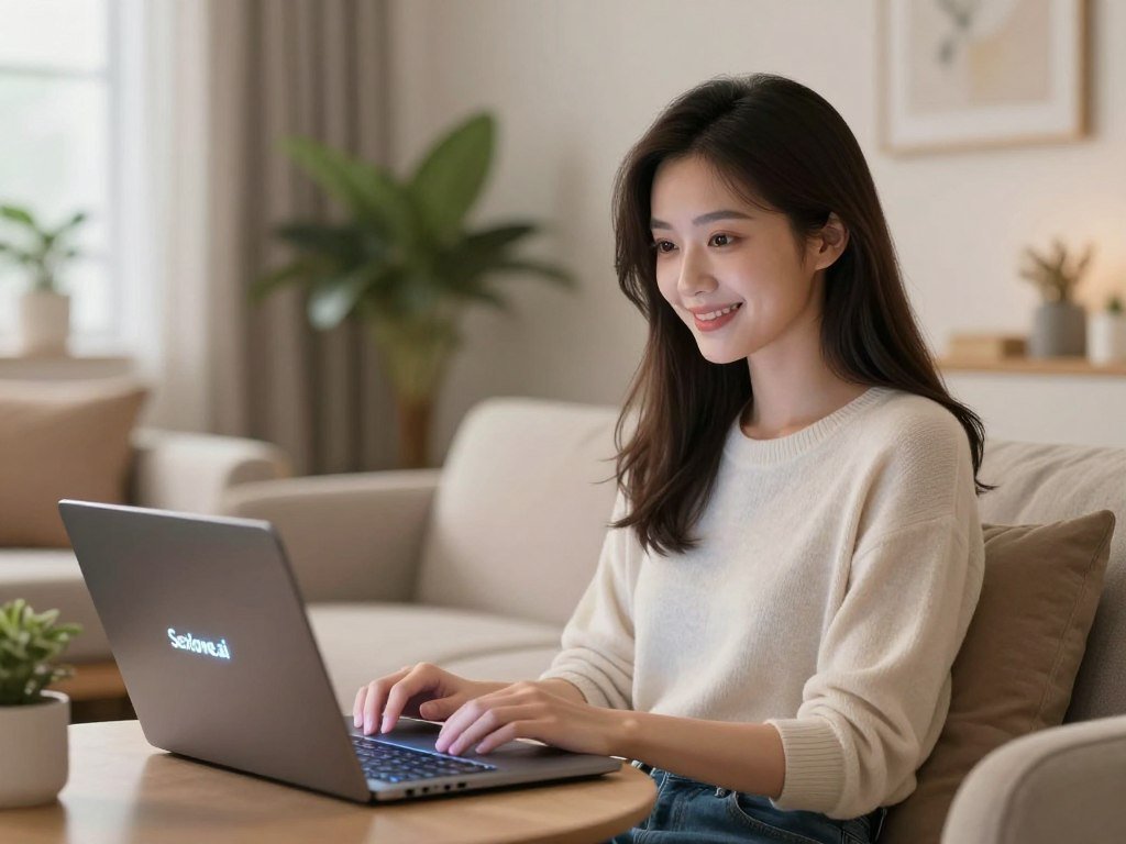 A serene, modern digital environment where a virtual girlfriend AI character is depicted. She has a friendly and engaging expression, showcasing a combination of warmth and intelligence. In the foreground, she is seated comfortably in a cozy, well-lit living room, wearing stylish yet modest casual clothing. The middle ground features a sleek laptop with a glowing screen, suggesting an interactive experience. The background reveals a tastefully decorated room with soft, ambient lighting and plants, conveying a sense of calming intimacy. The atmosphere is inviting, suggesting a balance between digital connection and real-world life. The overall tone is uplifting and positive, emphasizing emotional insight. Include the brand name "Sexlove.ai" subtly integrated into the scene, ensuring it complements the setting.