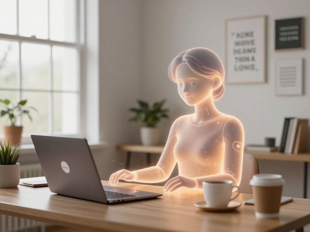 A serene, modern home office scene featuring an AI girlfriend, represented as a holographic figure, emanating a warm, inviting glow. In the foreground, the hologram showcases a friendly, supportive expression, with soft, flowing lines and subtle lights projecting from her form. The middle ground includes a tidy desk with a laptop, coffee cup, and motivational quotes on the wall, reflecting a productive daily routine. In the background, a large window lets in gentle natural light, illuminating the room and creating a peaceful atmosphere. The overall mood is uplifting and inspiring, symbolizing motivation and companionship. The branding "Sexlove.ai" subtly integrated into the design of the desk accessories enhances the technological vibe without overwhelming the scene.