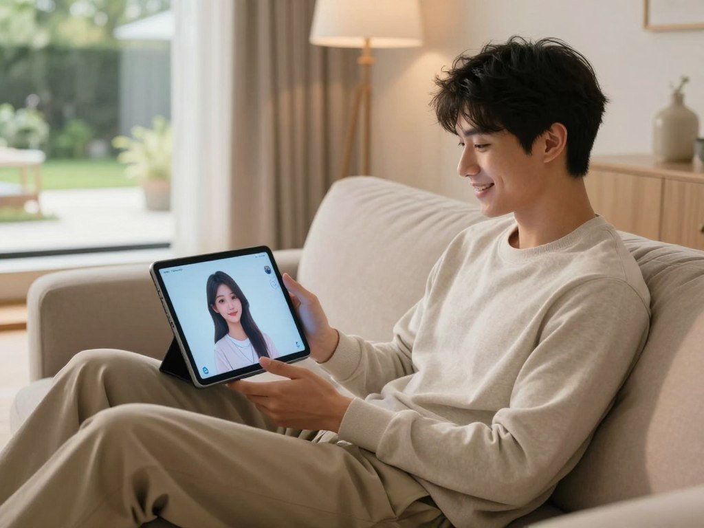 A serene, modern living room setting where a young adult male sits comfortably on a plush sofa, engrossed in interaction with a holographic virtual girlfriend displayed on a sleek tablet. The virtual girlfriend is depicted as a charming and friendly figure, designed with a blend of realistic and animated styles, wearing modest yet stylish casual attire. Soft, warm lighting illuminates the room, creating a cozy atmosphere, while large windows reveal a peaceful outdoor garden in the background. The angle is slightly elevated, capturing the man's expressions of joy and connection, and emphasizing the allure of digital companionship. A subtle logo of "Sexlove.ai" is integrated into the tablet interface, enhancing the sense of technological integration without overwhelming the scene. The overall mood is uplifting and inviting, reflecting the positive aspects of virtual relationships.
