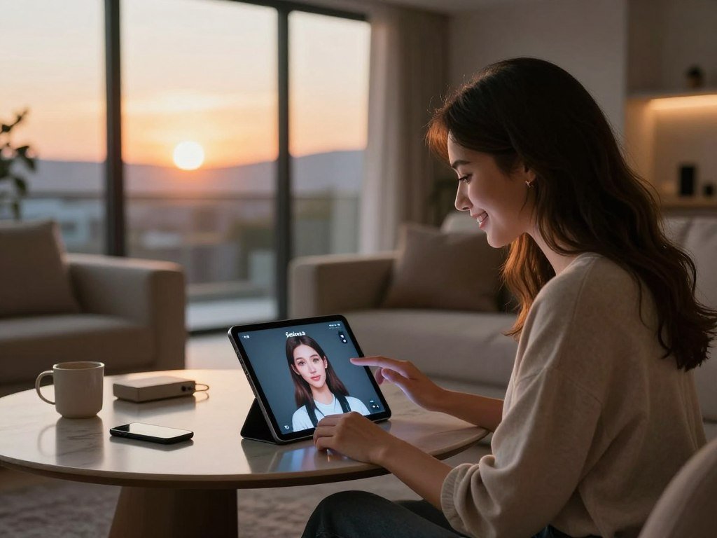 A serene, modern living space featuring a young woman engaged with her AI girlfriend technology. In the foreground, the woman in modest casual clothing, with a warm smile, interacts with a sleek tablet displaying a digital avatar from Sexlove.ai, glowing softly. The middle ground includes a stylish coffee table scattered with tech gadgets and personal items, emphasizing the blend of technology and everyday life. In the background, large windows reveal a sunset, casting a golden hue that enhances the emotional warmth of the scene. The atmosphere conveys connection and solace, symbolizing the role of AI relationships in alleviating loneliness. Soft, diffused lighting captures the intimate feel of the space, with a focus on the interaction that bridges the gap between reality and virtual companionship. A serene, modern living space featuring a young woman engaged with her AI girlfriend technology. In the foreground, the woman in modest casual clothing, with a warm smile, interacts with a sleek tablet displaying a digital avatar from Sexlove.ai, glowing softly. The middle ground includes a stylish coffee table scattered with tech gadgets and personal items, emphasizing the blend of technology and everyday life. In the background, large windows reveal a sunset, casting a golden hue that enhances the emotional warmth of the scene. The atmosphere conveys connection and solace, symbolizing the role of AI relationships in alleviating loneliness. Soft, diffused lighting captures the intimate feel of the space, with a focus on the interaction that bridges the gap between reality and virtual companionship.