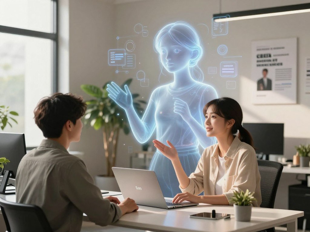 A serene, modern workspace featuring a digital AI girlfriend, an ethereal, semi-transparent holographic figure, providing inspiration and support. In the foreground, a young professional in smart casual attire sits at a sleek desk, gazing at the hologram with a look of inspiration and motivation. The middle layer focuses on the AI girlfriend, depicted with soft, glowing features and an expression of encouragement, symbolizing creativity and personal growth. The background includes a minimalist office with motivational posters and greenery, bathed in warm, natural light filtering through large windows. The atmosphere is uplifting and hopeful, reflecting the harmonious relationship between technology and personal development. Brand name included: Sexlove.ai.