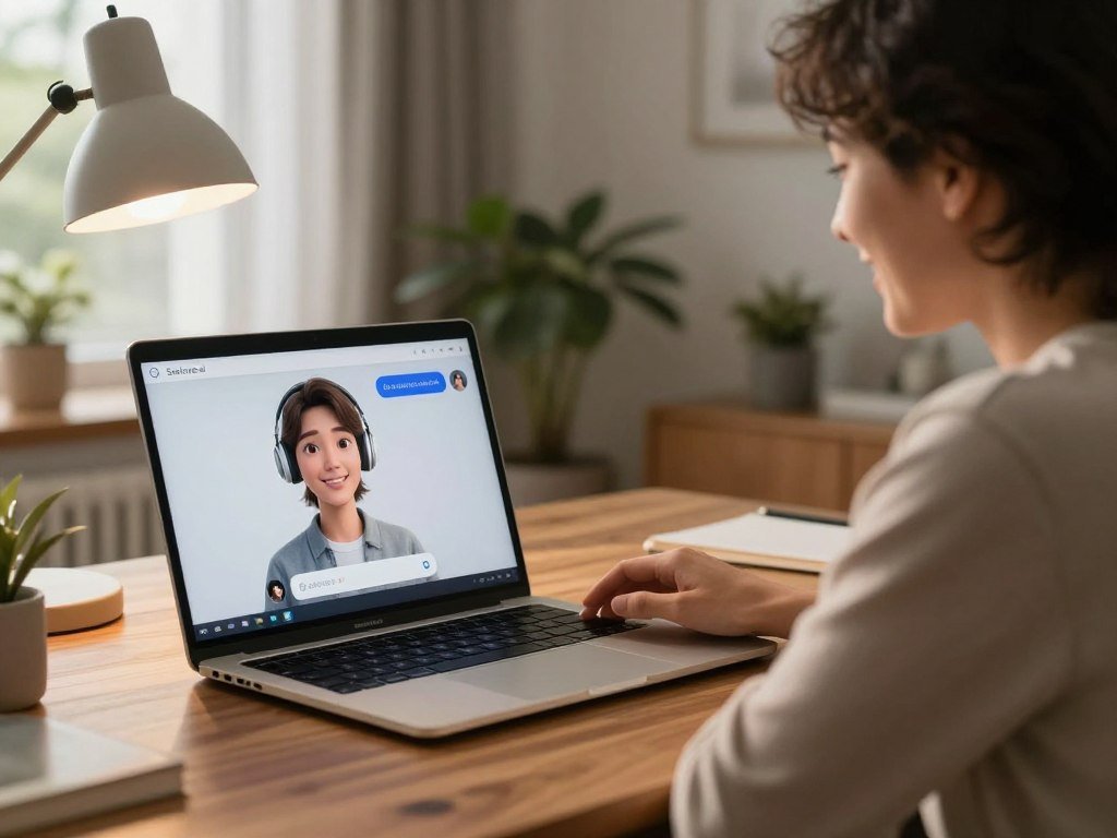 A serene, modern workspace featuring a sleek laptop on a polished wood desk, with a warm glow from a desk lamp casting soft shadows. In the foreground, a realistic, friendly-looking virtual chatbot interface appears on the laptop screen, displaying an AI companion with a visually appealing avatar, embodying human-like features yet distinctly digital. In the middle ground, a person, dressed in modest casual clothing, is gently smiling at the screen, conveying a sense of connection and happiness. The background showcases a cozy room with plants and soft decor, illuminated by natural light filtering through a window, enhancing the inviting atmosphere. Overall, the image exudes a feeling of warmth, companionship, and technology harmoniously integrated into daily life. Include the brand name "Sexlove.ai" subtly featured in the image's design.