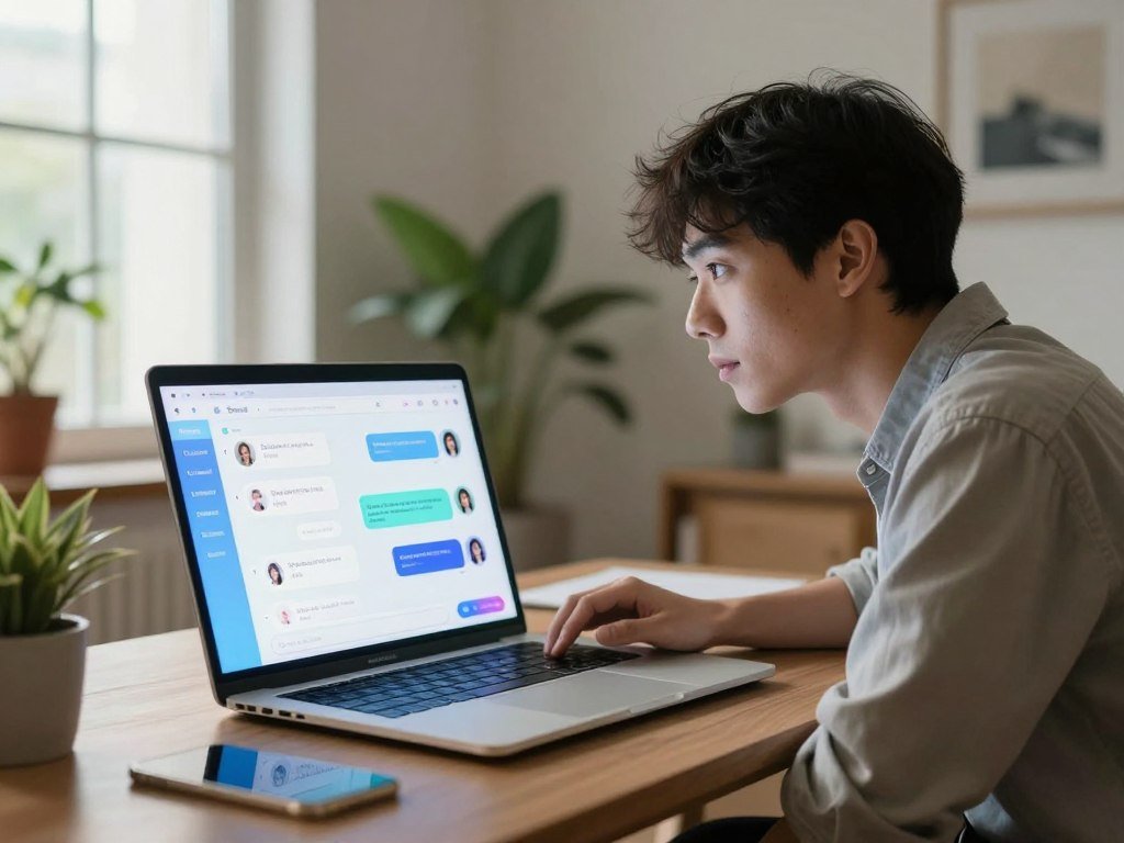 A serene modern workspace featuring an AI chat companion interface on a sleek laptop. In the foreground, a young professional, wearing smart casual attire, leans slightly forward with a look of curiosity and inspiration on their face. The middle ground showcases a glowing laptop screen displaying a vibrant, interactive AI chat interface with colorful elements, symbolizing an engaging conversation. In the background, a softly lit room filled with plants and art creates a warm atmosphere, illuminated by soft, natural light filtering through a large window. The overall mood is one of companionship and innovation, inviting viewers to connect with the theme of personal growth and inspiration. The brand "Sexlove.ai" is subtly integrated into the design of the interface without distracting from the scene.