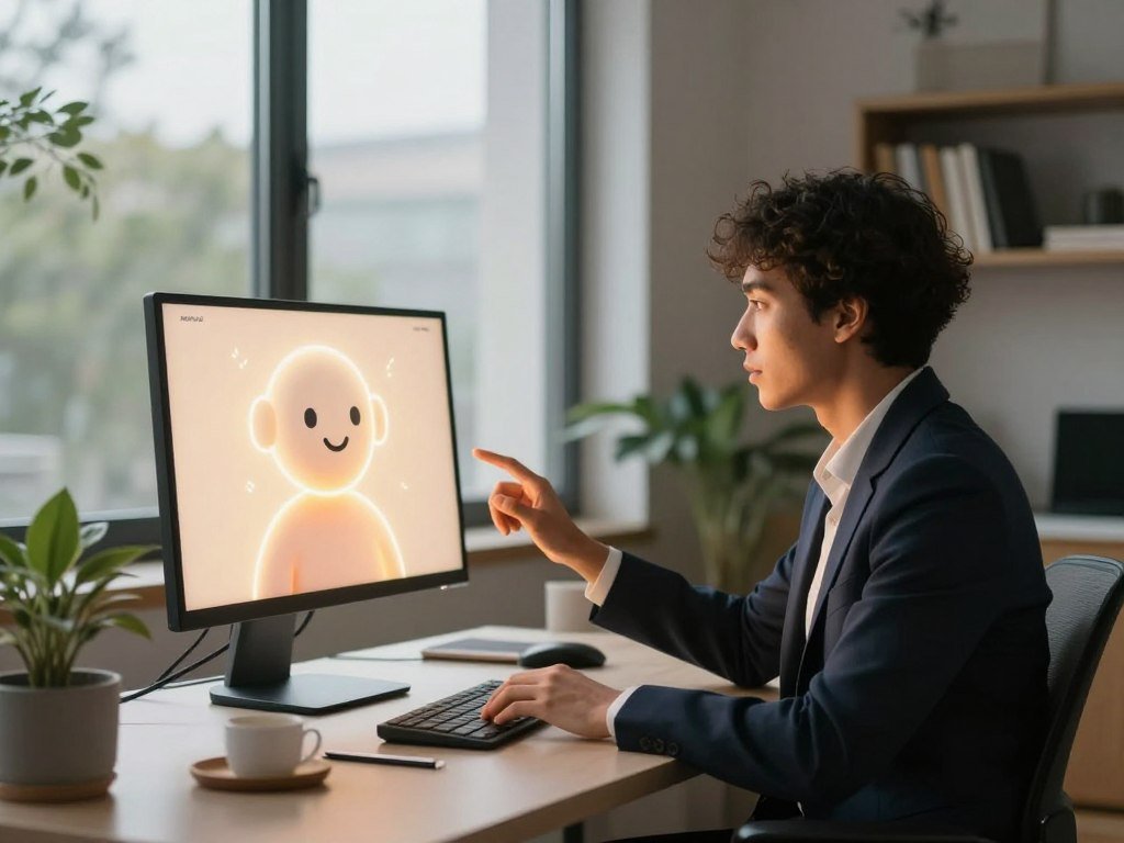 A serene, modern workspace showcases a diverse individual in professional business attire, sitting comfortably at a sleek desk, engaged with a glowing virtual companion on a high-resolution screen. The companion, depicted as a friendly, abstract AI figure, emanates a warm light, symbolizing connection and support. In the foreground, soft plants and personal items create a homely atmosphere. In the middle, a large window lets in gentle, natural light, casting a calm glow across the room. The background features a blurred bookshelf, hinting at knowledge and growth. The overall mood is warm and inviting, reflecting the journey of companionship and emotional support, while highlighting technology&rsquo;s role in human connection. The brand name "sexlove.ai" subtly appears in the corner, emphasizing the innovative nature of virtual companionship.