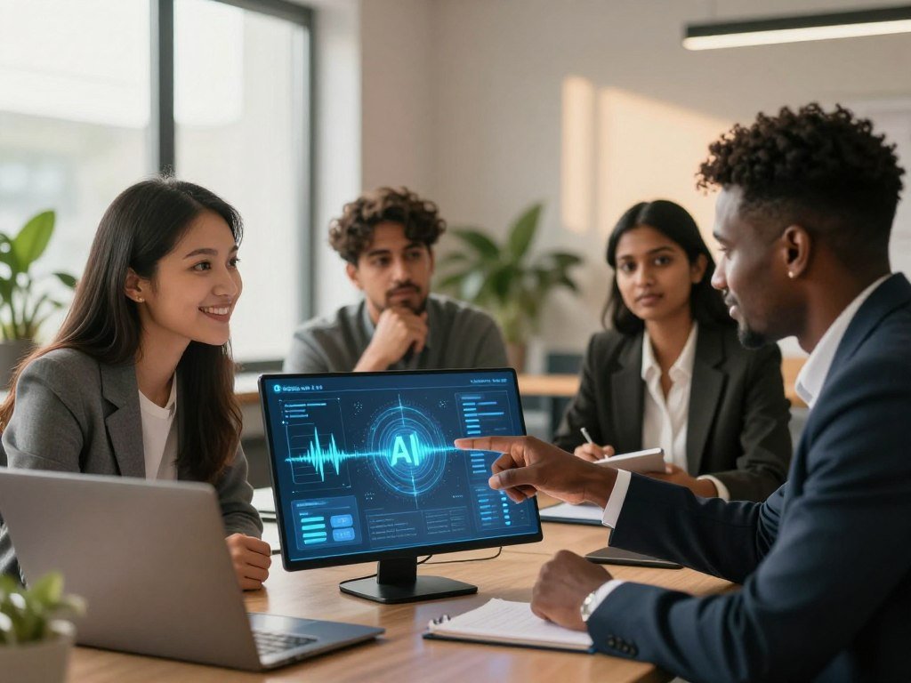 A serene office space representing emotional resilience, featuring a diverse group of professionals in business attire, engaged in a supportive discussion around a digital interface displaying AI emotional intelligence analytics. In the foreground, a woman of Asian descent is smiling and leaning forward, while a Black man beside her points to the screen, engagingly. In the middle ground, another colleague of Middle-Eastern descent contemplates thoughtfully, while a South Asian woman takes notes. The backdrop shows soft, natural lighting filtering through large windows, with plants contributing to a calming atmosphere. The composition emphasizes collaboration, growth, and understanding, conveying a mood of hope and empowerment in a modern workspace, illuminated by warm hues. Include elements symbolizing AI, like digital waveforms or abstract circuits subtly integrated into the environment. The brand name "Sexlove.ai" is subtly represented within the AI interface. A serene office space representing emotional resilience, featuring a diverse group of professionals in business attire, engaged in a supportive discussion around a digital interface displaying AI emotional intelligence analytics. In the foreground, a woman of Asian descent is smiling and leaning forward, while a Black man beside her points to the screen, engagingly. In the middle ground, another colleague of Middle-Eastern descent contemplates thoughtfully, while a South Asian woman takes notes. The backdrop shows soft, natural lighting filtering through large windows, with plants contributing to a calming atmosphere. The composition emphasizes collaboration, growth, and understanding, conveying a mood of hope and empowerment in a modern workspace, illuminated by warm hues. Include elements symbolizing AI, like digital waveforms or abstract circuits subtly integrated into the environment. The brand name "Sexlove.ai" is subtly represented within the AI interface.