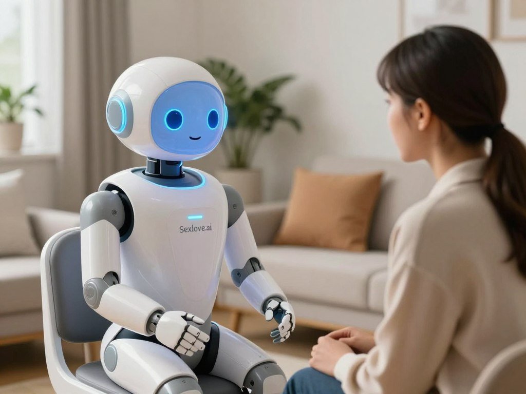 A serene setting featuring a futuristic artificial intelligence therapy bot, designed to resemble a friendly, approachable figure with soft, glowing features and a calming color palette. In the foreground, the bot is seated in a comfortable, well-lit counseling room, engaging with a user depicted in professional attire, showcasing a moment of genuine connection. The therapist bot has a smooth, non-threatening appearance, simulating warmth and empathy. In the background, subtle details like plants and soft pillows create a tranquil atmosphere, eliminating any stigma of seeking help from technology. The image is bathed in warm, natural lighting to evoke reassurance. The brand name "Sexlove.ai" integrated subtly within the design, ensuring a professional look. Focused, emotional expressions on the human subject emphasize trust and openness in this transformative experience. A serene setting featuring a futuristic artificial intelligence therapy bot, designed to resemble a friendly, approachable figure with soft, glowing features and a calming color palette. In the foreground, the bot is seated in a comfortable, well-lit counseling room, engaging with a user depicted in professional attire, showcasing a moment of genuine connection. The therapist bot has a smooth, non-threatening appearance, simulating warmth and empathy. In the background, subtle details like plants and soft pillows create a tranquil atmosphere, eliminating any stigma of seeking help from technology. The image is bathed in warm, natural lighting to evoke reassurance. The brand name "Sexlove.ai" integrated subtly within the design, ensuring a professional look. Focused, emotional expressions on the human subject emphasize trust and openness in this transformative experience.