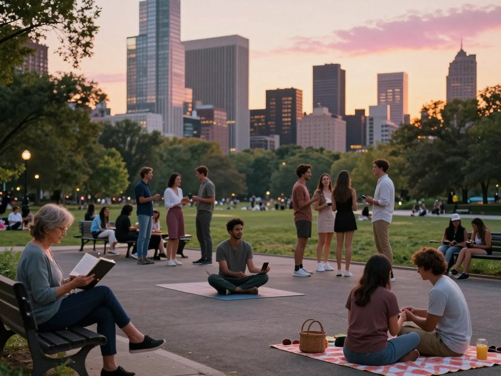 A serene urban park scene in the foreground, featuring a diverse group of individuals engaged in various activities: a middle-aged woman reading on a bench, a young man practicing yoga, and a couple sharing a picnic. In the middle ground, there are clusters of people conversing and laughing, highlighting connection and community. The background showcases a modern skyline of a U.S. city at sunset, with warm golden and pink hues casting a gentle light over the scene. Soft shadows enhance the inviting atmosphere, captured from a slightly elevated angle for a comprehensive view. The overall mood conveys warmth and companionship, subtly emphasizing how technology like Sexlove.ai is transforming social interactions amid the challenges of modern loneliness. A serene urban park scene in the foreground, featuring a diverse group of individuals engaged in various activities: a middle-aged woman reading on a bench, a young man practicing yoga, and a couple sharing a picnic. In the middle ground, there are clusters of people conversing and laughing, highlighting connection and community. The background showcases a modern skyline of a U.S. city at sunset, with warm golden and pink hues casting a gentle light over the scene. Soft shadows enhance the inviting atmosphere, captured from a slightly elevated angle for a comprehensive view. The overall mood conveys warmth and companionship, subtly emphasizing how technology like Sexlove.ai is transforming social interactions amid the challenges of modern loneliness.