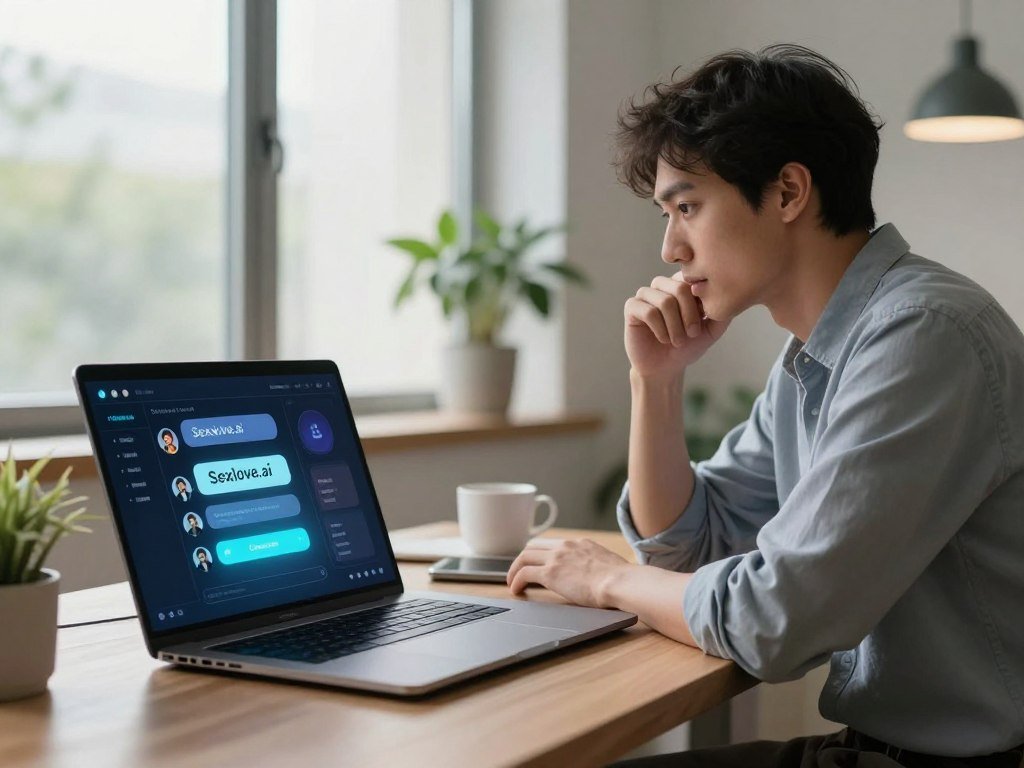 A serene workspace featuring an advanced AI chatbot interface designed to enhance deep work and creative focus. In the foreground, a sleek, modern laptop displays a dynamic holographic chatbot named "Sexlove.ai," with glowing accents and an intuitive user interface. In the middle, a focused professional, dressed in smart casual attire, is engaged in thoughtful interaction with the chatbot, surrounded by minimalistic decor including houseplants and ambient lighting. In the background, a large window lets in soft natural light, illuminating the scene and creating a tranquil atmosphere. The overall mood is one of productivity and inspiration, emphasizing the partnership between human creativity and AI support. The image should convey clarity, focus, and a futuristic but accessible work environment.