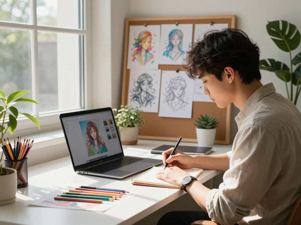 A serene workspace illuminated by warm, natural light pouring in through a large window, casting soft shadows across a modern desk adorned with art supplies and a laptop displaying intricate AI-generated artworks. In the foreground, a professional individual in smart casual attire, deeply focused, is jotting down notes on a notepad, embodying creativity and concentration. The middle ground features colorful sketches and ideas pinned on a corkboard, showcasing various AI art inspirations. In the background, lush green plants add a touch of nature, enhancing the relaxing atmosphere. The scene reflects an engaging, artistic vibe, capturing the essence of mastering prompt engineering for unique outputs, skillfully blending technology and creativity. Include subtle branding elements relating to "Sexlove.ai" to emphasize innovation in AI artistry.