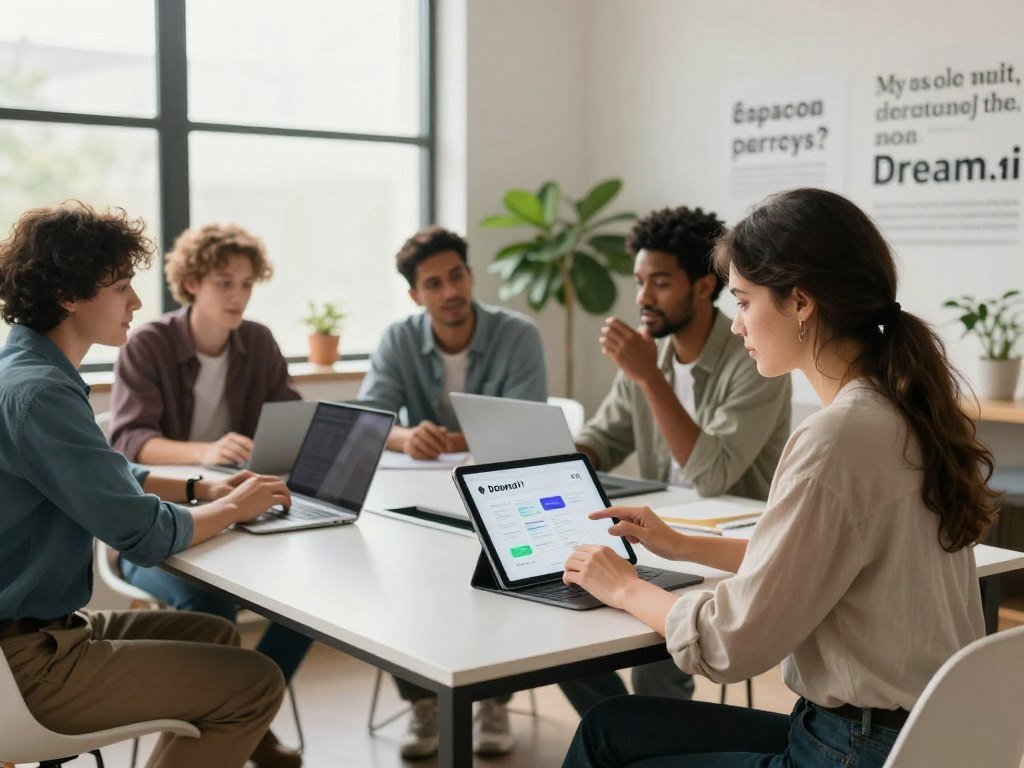 A serene workspace with a diverse group of professionals collaborating and using digital growth tools, showcasing a strong emotional connection. In the foreground, a woman in smart casual attire intently interacts with a tablet, projecting a sense of focus and determination. In the middle, a diverse group of individuals gather around a sleek, modern table, laptops open, engaged in animated discussion, reflecting trust and collaboration in their body language. The background features a large window with soft natural light streaming in, illuminating a wall adorned with motivational quotes and green potted plants, creating a warm and inspiring atmosphere. The overall mood evokes empowerment and optimism, emphasizing the role of technology in personal growth, while subtly incorporating elements of the brand "Dream.ai" through design motifs in the workspace. A serene workspace with a diverse group of professionals collaborating and using digital growth tools, showcasing a strong emotional connection. In the foreground, a woman in smart casual attire intently interacts with a tablet, projecting a sense of focus and determination. In the middle, a diverse group of individuals gather around a sleek, modern table, laptops open, engaged in animated discussion, reflecting trust and collaboration in their body language. The background features a large window with soft natural light streaming in, illuminating a wall adorned with motivational quotes and green potted plants, creating a warm and inspiring atmosphere. The overall mood evokes empowerment and optimism, emphasizing the role of technology in personal growth, while subtly incorporating elements of the brand "Dream.ai" through design motifs in the workspace.