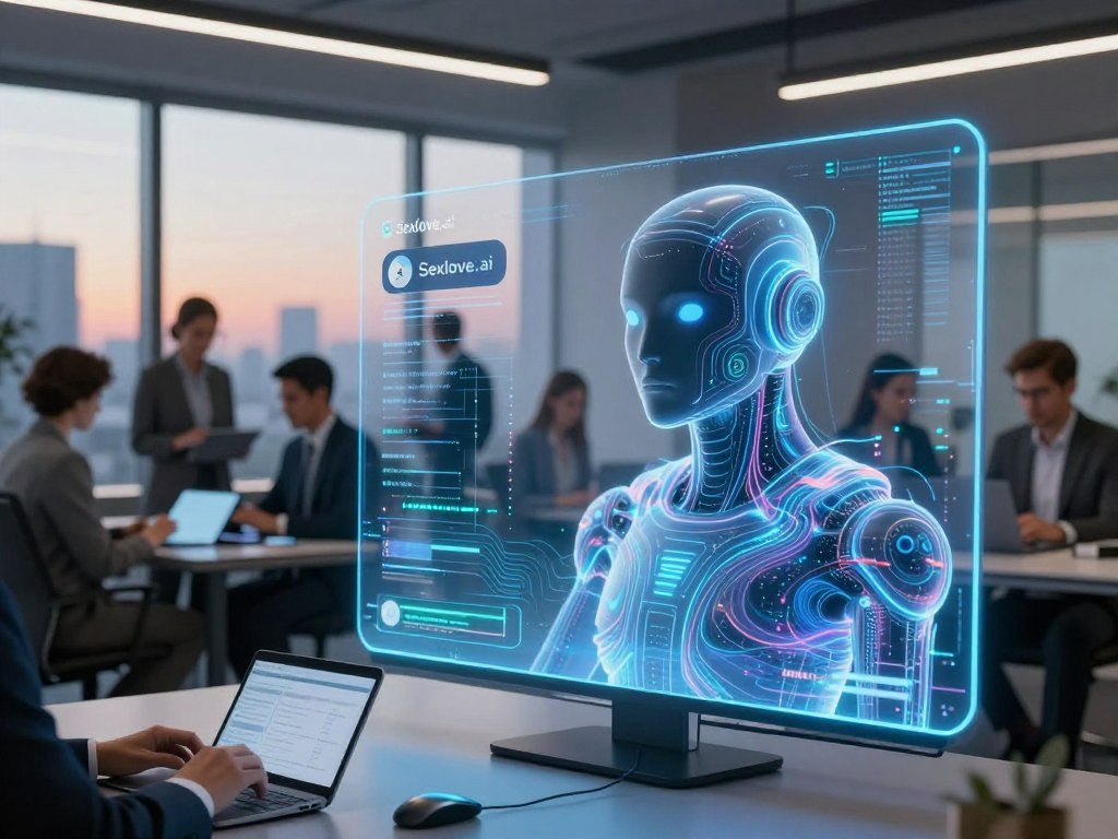 A sleek and modern AI chatbot interface appears prominently in the foreground, depicted with a glowing digital display filled with vibrant patterns of data flowing seamlessly. The chatbot is anthropomorphized with an ethereal yet futuristic design, incorporating subtle abstract elements to reflect intelligence and connectivity. In the middle ground, a diverse group of professionals, dressed in smart business attire, engage with the chatbot on various devices like tablets and laptops, showcasing collaboration and productivity. The background features a high-tech office environment with soft, ambient lighting, large windows revealing a cityscape at dawn. The scene conveys a mood of innovation and optimism, illustrating the harmonious integration of AI into daily work life. The logo "Sexlove.ai" is subtly incorporated into the design of the chatbot without standing out.