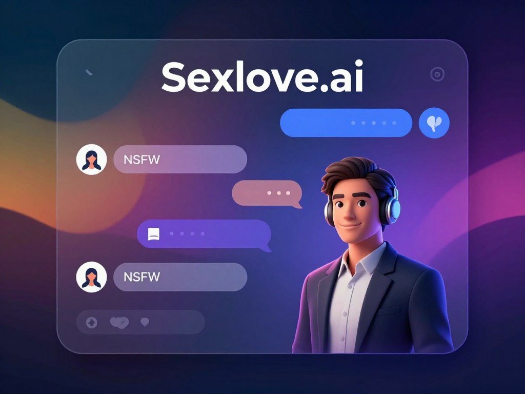 A sleek and modern digital interface representing an NSFW AI chatbot, featuring an abstract, colorful background that evokes a sense of exploration and curiosity. In the foreground, a professional-looking chatbot avatar, designed with futuristic aesthetics and friendly features, dressed in smart business attire to convey professionalism. The middle ground contains floating icons and prompts symbolizing various desires and conversations, subtly hinting at the nature of the AI's functionalities. Soft, ambient lighting enhances the technological feel, with a slight glow around the avatar. The overall mood is inviting yet mysterious, encouraging users to engage while fostering a sense of safety and trust. Include the brand name "Sexlove.ai" prominently in the design.