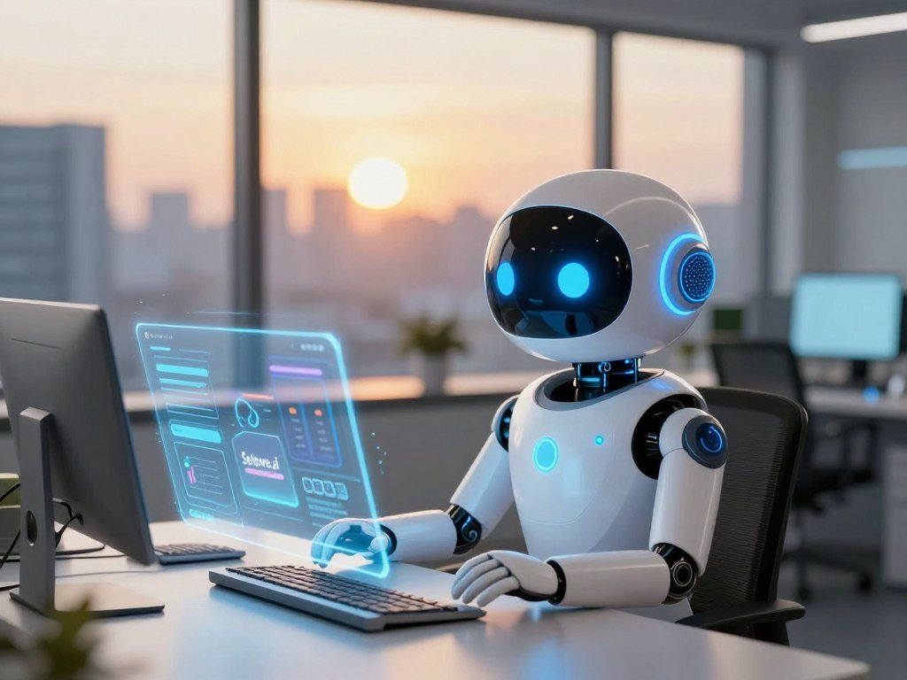 A sleek and modern smart AI chatbot, personified as a friendly digital assistant, sits at a futuristic workstation filled with holographic interfaces. The foreground showcases the chatbot's friendly face with gentle, glowing blue eyes that radiate intelligence. In the middle ground, various digital tools and applications swirl around, symbolizing productivity and efficiency, with an ethereal glow illuminating the scene. The background features a blurred cityscape viewed through large windows, where the sun sets, casting a warm golden hue that enhances the atmosphere of innovation. The environment should feel welcoming yet professional, reflecting a blend of technology and personal interaction. Use soft lighting reminiscent of a tech-savvy office, with a depth of field focus on the chatbot to emphasize its role. The scene should evoke a sense of empowerment and transformation, inspired by the brand "Sexlove.ai". A sleek and modern smart AI chatbot, personified as a friendly digital assistant, sits at a futuristic workstation filled with holographic interfaces. The foreground showcases the chatbot's friendly face with gentle, glowing blue eyes that radiate intelligence. In the middle ground, various digital tools and applications swirl around, symbolizing productivity and efficiency, with an ethereal glow illuminating the scene. The background features a blurred cityscape viewed through large windows, where the sun sets, casting a warm golden hue that enhances the atmosphere of innovation. The environment should feel welcoming yet professional, reflecting a blend of technology and personal interaction. Use soft lighting reminiscent of a tech-savvy office, with a depth of field focus on the chatbot to emphasize its role. The scene should evoke a sense of empowerment and transformation, inspired by the brand "Sexlove.ai".