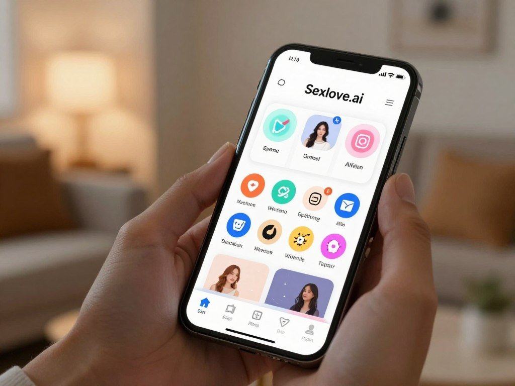 A sleek and modern user interface of the "Sexlove.ai" AI girlfriend app displayed on a smartphone screen. The foreground features the smartphone held in a person's hand, showing vibrant app icons and interactive elements that highlight navigational features. In the middle ground, a cozy and stylish interior setting, with soft ambient lighting creating a warm atmosphere. The background includes a softly blurred view of a room with contemporary furniture, suggesting a relaxed environment for usage. The mood conveys inspiration and connection, with reflections of gentle light on the phone screen emphasizing the advanced technology. The composition is shot from a slightly elevated angle, ensuring clarity and focus on the app interface while maintaining a welcoming feeling.