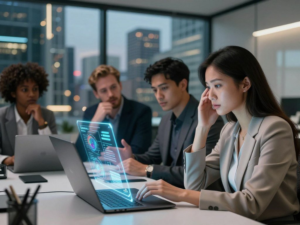 A sleek and modern workspace showcasing a diverse group of professionals engaged in a collaborative meeting, symbolizing the concept of AI emotional intelligence. In the foreground, depict a woman in modest business attire, analyzing data on a holographic screen, her expression one of insight and empathy. In the middle ground, two men and a woman attentively discuss, highlighting their emotional connection through body language and gestures. The background features a futuristic city skyline through large glass windows, with warm, inviting lighting that enhances the atmosphere of innovation and collaboration. Use a shallow depth of field to create focus on the group while softly blurring the background. The scene radiates a mood of inspiration and growth, demonstrating the impactful intersection of technology and human emotion. Incorporate subtle branding elements of "Sexlove.ai" in the environment, ensuring it blends seamlessly. A sleek and modern workspace showcasing a diverse group of professionals engaged in a collaborative meeting, symbolizing the concept of AI emotional intelligence. In the foreground, depict a woman in modest business attire, analyzing data on a holographic screen, her expression one of insight and empathy. In the middle ground, two men and a woman attentively discuss, highlighting their emotional connection through body language and gestures. The background features a futuristic city skyline through large glass windows, with warm, inviting lighting that enhances the atmosphere of innovation and collaboration. Use a shallow depth of field to create focus on the group while softly blurring the background. The scene radiates a mood of inspiration and growth, demonstrating the impactful intersection of technology and human emotion. Incorporate subtle branding elements of "Sexlove.ai" in the environment, ensuring it blends seamlessly.