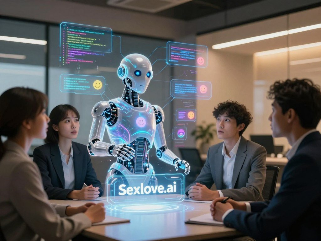 A sleek, futuristic artificial intelligence chatbot represented as a shimmering digital entity, with holographic displays projecting flowing lines of code and vivid emotive icons in vibrant colors. In the foreground, a diverse group of individuals dressed in professional business attire engaged in conversation, their expressions reflecting curiosity and empathy. The middle ground features a soft-glowing technological interface showcasing the brand name "Sexlove.ai" elegantly integrated into the design. The background reveals a modern office environment illuminated by warm, ambient lighting, creating a harmonious blend of technology and human emotion. The atmosphere is inspiring, conveying a sense of connection and understanding between AI and humans, highlighting the theme of compassion in technology. The angle captures the essence of engagement and interaction, emphasizing the transformative power of conversational AI.