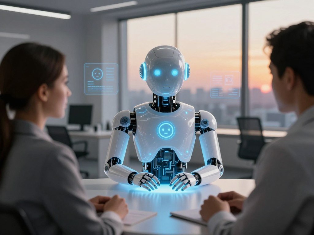 A sleek, futuristic artificial intelligence empathy chatbot sits at the center of the image, glowing softly with a gentle blue light. The chatbot's design features translucent surfaces and intricate circuitry, conveying advanced technology and warmth. In the foreground, a business professional in modest attire interacts with the chatbot, their expression one of curiosity and connection. The middle background showcases a modern, minimalist office environment with soft lighting that emphasizes a calm and inviting atmosphere. Subtle holographic elements surround the chatbot, displaying simplified emotional symbols and data. In the far background, large windows reveal a serene cityscape at sunset, casting warm hues across the room. The overall mood is one of hope and innovation, highlighting the transformative power of AI in fostering empathy. The brand "Sexlove.ai" is subtly incorporated into the chatbot's interface design, maintaining a professional tone throughout.