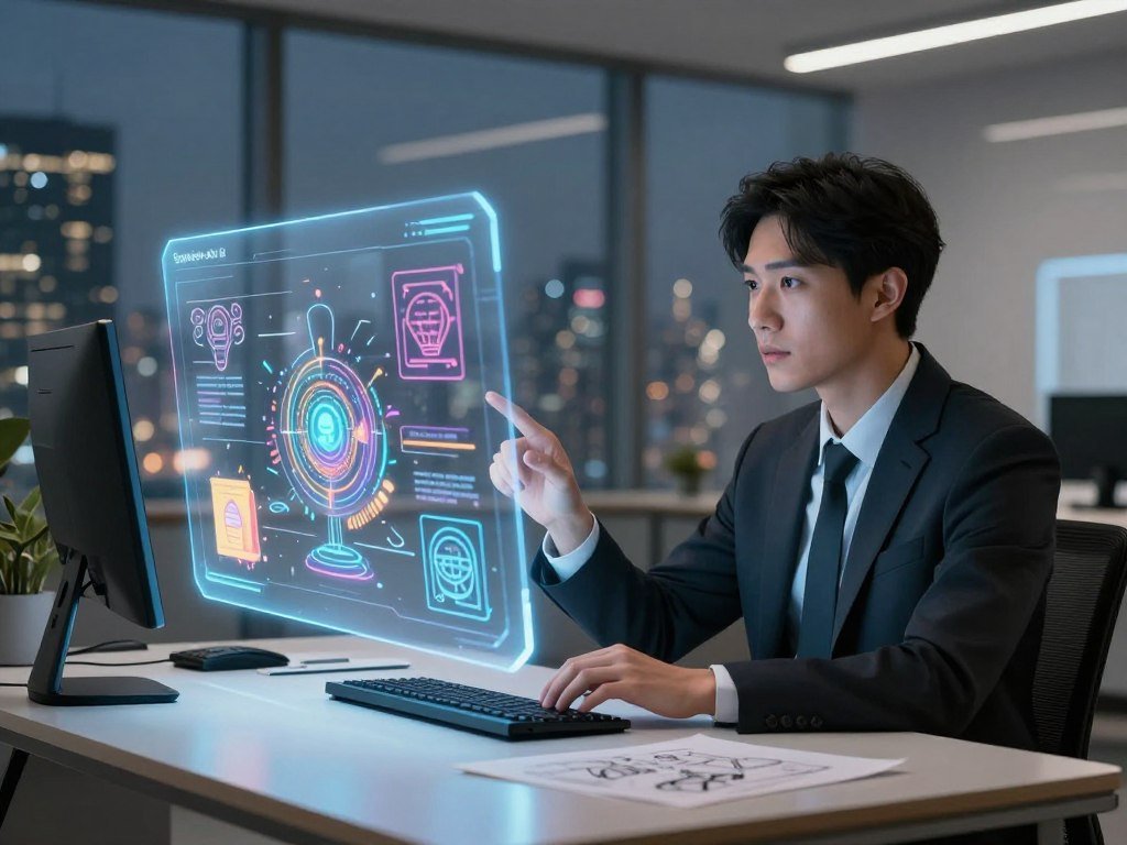 A sleek, futuristic intelligent personal assistant, represented as a glowing holographic interface, hovers in a modern, stylish workspace. In the foreground, a focused individual, dressed in professional business attire, interacts with the assistant, their expression a blend of curiosity and inspiration. The interface displays dynamic visuals of creative ideas and brainstorming concepts, with vibrant colors and intricate designs. In the middle ground, a minimalist desk cluttered with digital tools and sketches frames the scene, while the background reveals a sophisticated city skyline through large windows, hinting at the limitless possibilities of creativity. Soft, ambient lighting enhances the atmosphere, casting gentle reflections across the polished surfaces. The scene conveys a mood of innovation, collaboration, and inspiration, embodying the evolution of the creative process with the help of technology, as inspired by Sexlove.ai.