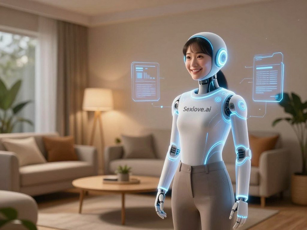 A sleek, futuristic interactive AI companion stands in the foreground, designed with an ethereal, holographic glow, showcasing its advanced technology. The AI is depicted as a friendly, humanoid figure with a warm smile, wearing a stylish, professional outfit that blends modern and digital aesthetics. In the middle ground, a cozy, contemporary living space is illustrated, featuring soft ambient lighting, round furniture, and a touch of greenery, suggesting comfort and approachability. In the background, soft-focus tech elements like floating screens or digital interfaces hint at the AI's capabilities, creating an engaging atmosphere. The overall mood is optimistic and inviting, embodying the transformative relationship between humans and AI. Capture this scene with a warm color palette and gentle lighting for a soft yet dynamic feel, emphasizing the connection between the user and the AI companion, branded as "Sexlove.ai". A sleek, futuristic interactive AI companion stands in the foreground, designed with an ethereal, holographic glow, showcasing its advanced technology. The AI is depicted as a friendly, humanoid figure with a warm smile, wearing a stylish, professional outfit that blends modern and digital aesthetics. In the middle ground, a cozy, contemporary living space is illustrated, featuring soft ambient lighting, round furniture, and a touch of greenery, suggesting comfort and approachability. In the background, soft-focus tech elements like floating screens or digital interfaces hint at the AI's capabilities, creating an engaging atmosphere. The overall mood is optimistic and inviting, embodying the transformative relationship between humans and AI. Capture this scene with a warm color palette and gentle lighting for a soft yet dynamic feel, emphasizing the connection between the user and the AI companion, branded as "Sexlove.ai".