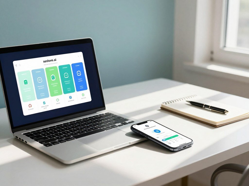 A sleek, modern digital workspace showcasing various subscription plans and pricing insights related to "sexlove.ai." In the foreground, a stylish laptop displays colorful subscription tiers, illustrating features with eye-catching icons. Next to it, a smartphone sits displaying a payment confirmation screen, emphasizing a seamless user experience. In the middle ground, a well-organized desk is adorned with a notepad and a pen, suggesting meticulous planning and analysis of pricing strategies. The background features a soft-focus abstract design that hints at technological themes, with gentle blues and greens creating a calm, professional atmosphere. Natural light streams in from a nearby window, casting soft shadows and enhancing the inviting mood of the workspace. The scene captures a contemporary business vibe, inspiring trust and innovation within the context of modern AI services.