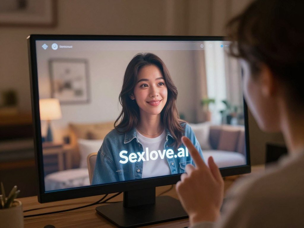 A sleek, modern interface of virtual girlfriend software, prominently featuring the logo "Sexlove.ai". In the foreground, a user engages with an interactive holographic representation of a virtual girlfriend, depicted as a friendly, animated female character in casual, stylish attire, exuding warmth and empathy. In the middle ground, soft glow from the computer screen reflects on the user's face, illustrating their deep emotional connection. The background consists of a cozy and inviting room setting, with dimmed lighting creating an intimate atmosphere. Warm tones dominate the color palette, enhancing feelings of comfort and engagement. Capture the scene from a slight angle, emphasizing the interaction between the user and the software, evoking a sense of deep emotional depth and connection through technology.