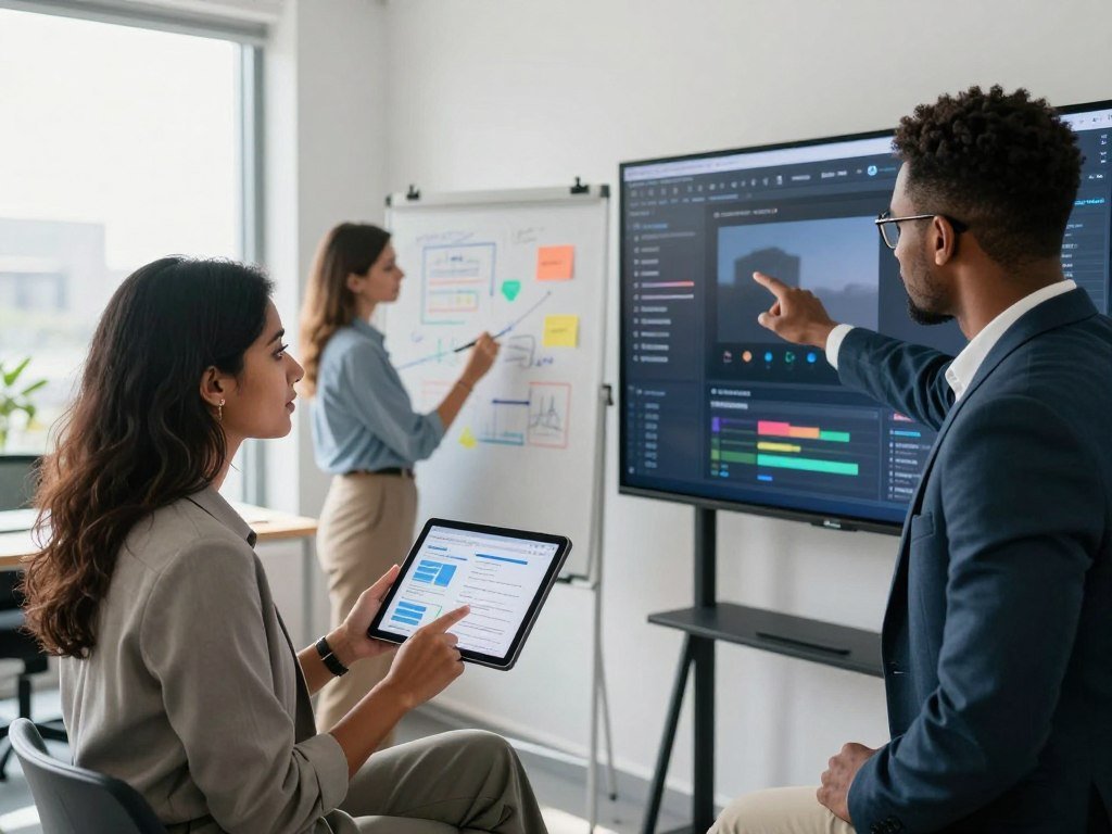 A sleek, modern office environment, showcasing a diverse team of three professionals engaged in a collaborative brainstorming session. In the foreground, a mid-30s South Asian woman in smart casual attire reviews a digital tablet displaying data analytics, while a Black man in a suit points at a large screen filled with content creation tools. The middle ground features a white woman in business attire jotting down ideas on a whiteboard filled with colorful diagrams. The background has large windows with natural light pouring in, adding a bright, energetic atmosphere. The overall mood should be one of productivity and innovation, with soft shadows emphasizing the subjects' focused expressions. Use a wide-angle lens to capture the dynamism of the scene, ensuring clarity and vibrancy. The brand 'sexlove.ai' should be subtly integrated into the design on the digital screen.