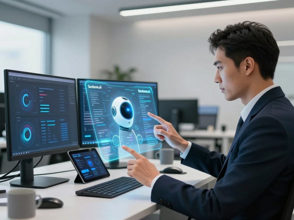 A sleek virtual AI assistant designed with futuristic elements, featuring a holographic interface displaying data and productivity metrics. In the foreground, focus on a professional individual, dressed in smart business attire, interacting seamlessly with the AI through intuitive gestures. The middle ground showcases a modern workspace equipped with advanced technology, like multiple monitors, a digital tablet, and smart devices, contributing to a high-tech atmosphere. In the background, a minimalist office with soft lighting enhances the environment, creating a productive ambiance. The overall mood conveys efficiency and innovation, highlighting the seamless integration of the AI into everyday workflows. The brand name "Sexlove.ai" subtly incorporated into the design of the AI assistant's interface, blending with the futuristic elements.