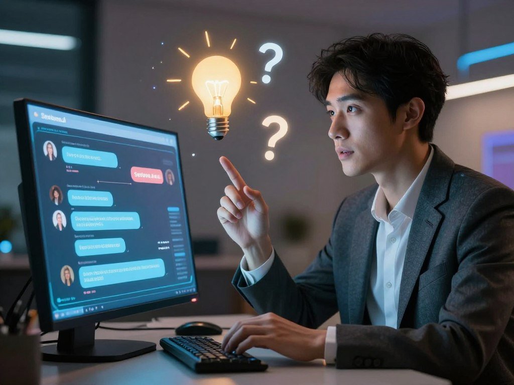 A sophisticated virtual assistant depicted as an adult content chatbot named "Sexlove.ai". In the foreground, a sleek, modern interface glows softly, displaying complex dialogue sequences in an inviting atmosphere. A professional-looking individual, dressed in smart casual attire, is engaged with the chatbot, exhibiting an expression of curiosity and inspiration. In the middle ground, various digital elements represent creative thoughts, like lightbulbs and question marks, floating around the interaction. The background features a stylish, tech-inspired environment with soft, ambient lighting and hints of futuristic design elements. The mood conveys both intrigue and a sense of imaginative exploration, inviting viewers to consider the creative potential of unfiltered dialogue with AI.