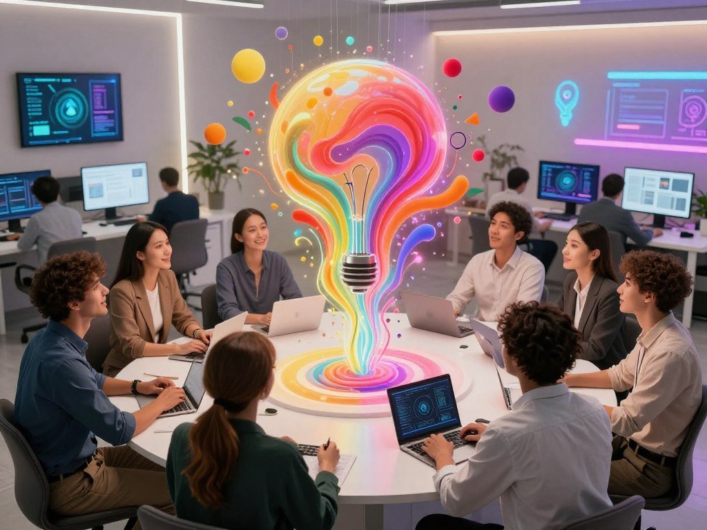 A surreal dream visualization depicting the concept of creativity unlocking through technology. In the foreground, a diverse group of professionals dressed in smart casual attire, engaged in creative brainstorming, their facial expressions reflecting inspiration. The middle ground features vivid, abstract representations of ideas flowing like vibrant colors and shapes, symbolizing creativity. In the background, a sleek, modern workspace with screens displaying algorithms and AI patterns, illuminated by soft, ethereal lighting that creates a dreamlike atmosphere. The scene captures a sense of hope and innovation, with a focus on the interconnectedness of human creativity and advanced technology. Shot from a slightly elevated angle, giving a panoramic view, and with a warm color palette enhancing the inviting mood.