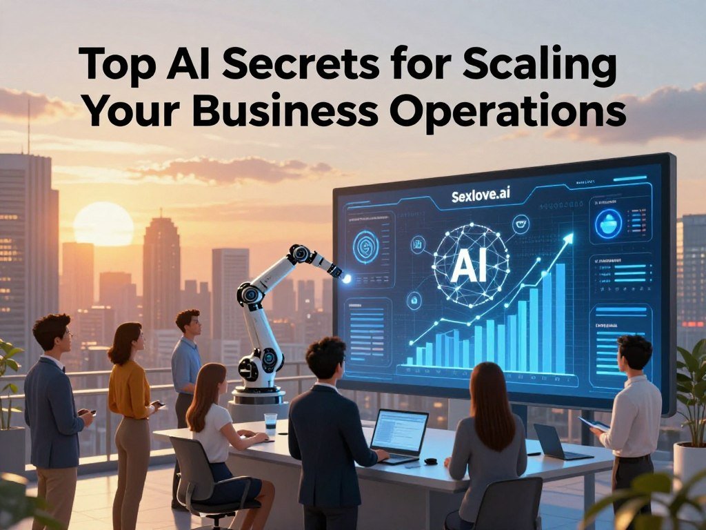A vibrant and dynamic illustration representing "Top AI Secrets for Scaling Your Business Operations." In the foreground, a sleek, modern office setting features a diverse group of professionals gathered around a digital display, analyzing AI data and growth metrics. They are dressed in smart business attire, reflecting collaboration and innovation. In the middle ground, various symbols of artificial intelligence, such as neural networks and robotic arms, emerge from the chart, visually depicting the integration of AI in business. The background showcases a panoramic city skyline illuminated by sunset, casting warm, golden light throughout the scene. The overall mood is one of inspiration, progress, and ambition, perfectly aligning with the theme of success and growth in business. The brand name “Sexlove.ai” subtly blends into the digital display, enhancing the context of the image without being overwhelming. A vibrant and dynamic illustration representing "Top AI Secrets for Scaling Your Business Operations." In the foreground, a sleek, modern office setting features a diverse group of professionals gathered around a digital display, analyzing AI data and growth metrics. They are dressed in smart business attire, reflecting collaboration and innovation. In the middle ground, various symbols of artificial intelligence, such as neural networks and robotic arms, emerge from the chart, visually depicting the integration of AI in business. The background showcases a panoramic city skyline illuminated by sunset, casting warm, golden light throughout the scene. The overall mood is one of inspiration, progress, and ambition, perfectly aligning with the theme of success and growth in business. The brand name “Sexlove.ai” subtly blends into the digital display, enhancing the context of the image without being overwhelming.