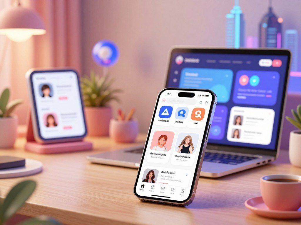 A vibrant and engaging overview of popular AI girlfriend platforms, featuring stylized representations of various digital interfaces. In the foreground, display a sleek, modern smartphone showcasing the app icons of "sexlove.ai" and other well-known AI girlfriend platforms. The middle ground should depict a cozy workspace, including a laptop and playful decor, emphasizing technology and connection. The background includes an abstract representation of a digital cityscape, symbolizing the online world. Soft, warm lighting illuminates the scene, creating an inviting atmosphere. The image should convey a sense of exploration and innovation, with a focus on technology's role in personal relationships. The overall mood is optimistic and futuristic, reflecting the possibilities of AI companionship. A vibrant and engaging overview of popular AI girlfriend platforms, featuring stylized representations of various digital interfaces. In the foreground, display a sleek, modern smartphone showcasing the app icons of "sexlove.ai" and other well-known AI girlfriend platforms. The middle ground should depict a cozy workspace, including a laptop and playful decor, emphasizing technology and connection. The background includes an abstract representation of a digital cityscape, symbolizing the online world. Soft, warm lighting illuminates the scene, creating an inviting atmosphere. The image should convey a sense of exploration and innovation, with a focus on technology's role in personal relationships. The overall mood is optimistic and futuristic, reflecting the possibilities of AI companionship.