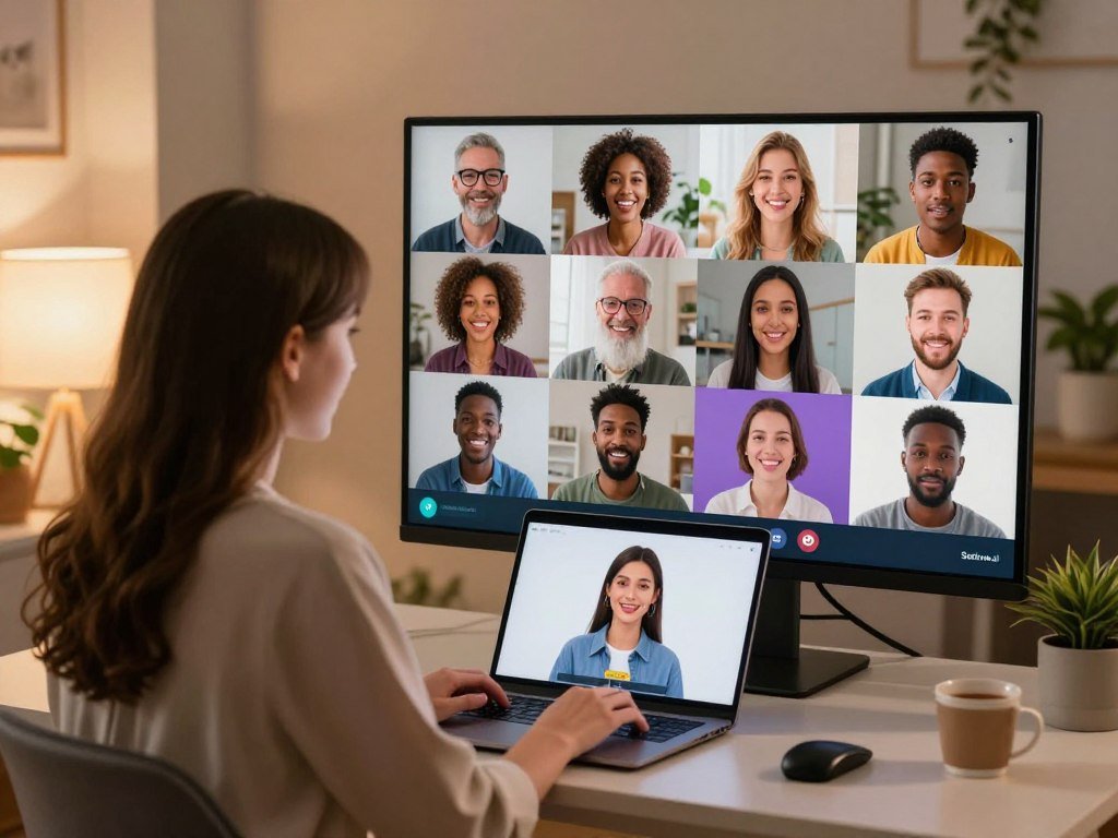 A vibrant and engaging scene depicting a virtual dating simulation interface, featuring a diverse group of individuals engaged in digital conversations. In the foreground, a young woman in smart casual attire sits at a modern desk, intently focused on her laptop screen where an animated avatar interacts with her. The middle ground shows a split-screen with different avatars representing various age groups and backgrounds, all displaying friendly expressions. The background features a warm, inviting room with soft lighting, accentuated by a cozy ambiance created by warm-toned lamps and plants. The atmosphere is one of excitement and connection, illustrating the balance between digital connections and the real world. Include subtle elements like virtual relationship badges on the laptop screen, representing the brand "Sexlove.ai," in an unobtrusive manner.
