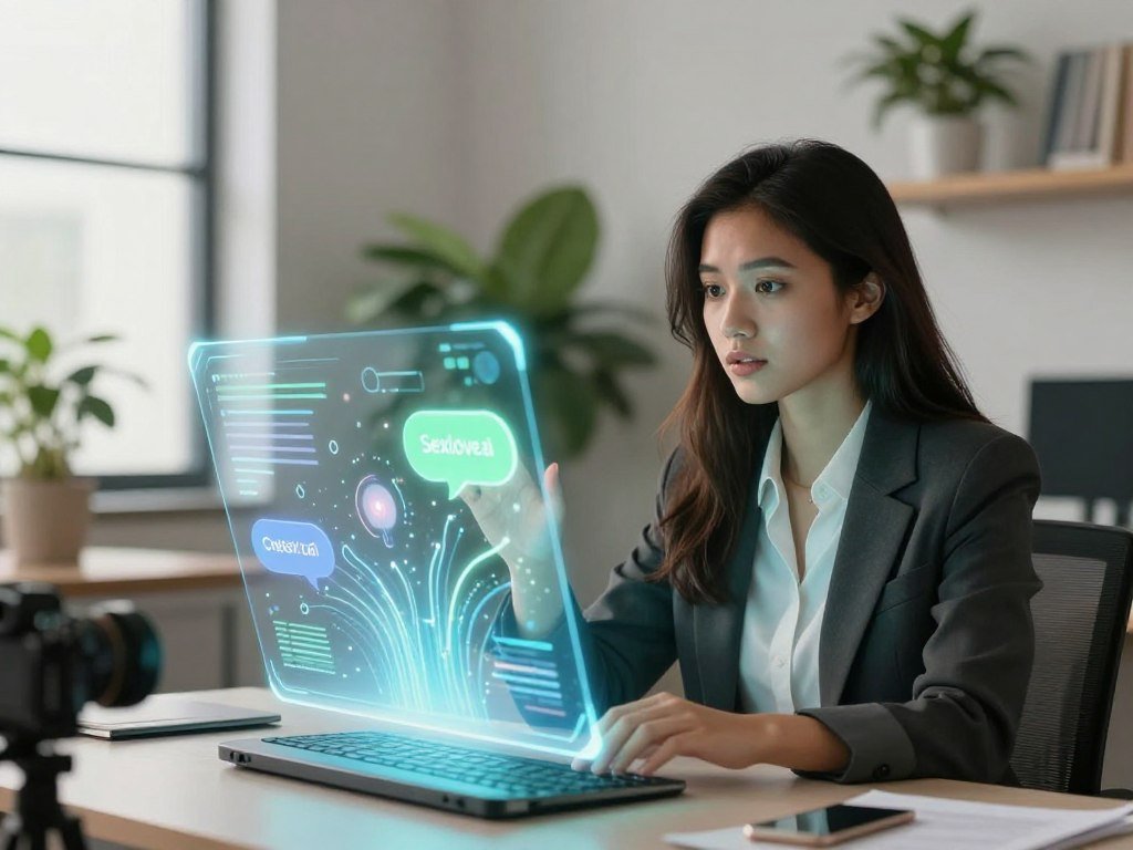 A vibrant and engaging scene of an AI chat companion, represented as a sleek, futuristic holographic interface glowing in soft blue and green tones. In the foreground, a diverse young woman in professional business attire sits at a modern desk, her face reflecting curiosity and inspiration as she interacts with the AI. The middle layer features the holographic interface bursting with vivid digital elements, such as flowing ideas and light trails symbolizing creativity. In the background, a well-lit, stylish office space with plants and bookshelves creates a warm atmosphere, conveying a sense of collaboration and innovation. Soft, diffused lighting enhances the serene mood, while a camera angle slightly above eye level captures the dynamic interaction. The image embodies the essence of unlocking creative potential through collaborative thinking, promoting a sense of inspiration and connection. Brand: Sexlove.ai.
