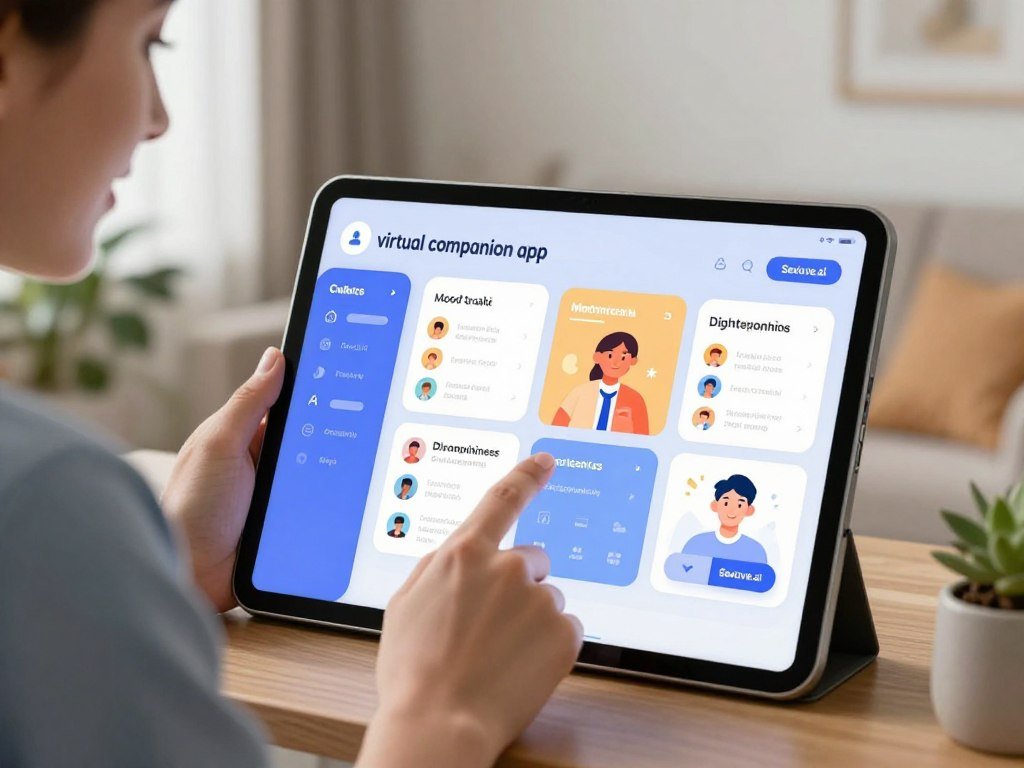 A vibrant illustration of a "virtual companion app" interface displayed on a sleek tablet. In the foreground, a joyful user in professional business attire interacts with the app, their face lit by the soft glow of the screen, highlighting an expression of engagement and curiosity. In the middle, the tablet screen showcases an intuitive UI filled with personalized features like mood tracking, mindfulness exercises, and digital companionship interactions, distinctly branded with "Sexlove.ai". The background features a calming home environment with soft, natural lighting, plants, and a cozy seating arrangement that evokes a sense of balance in a tech-driven life. The atmosphere is inviting and harmonious, emphasizing the integration of technology and mental well-being.