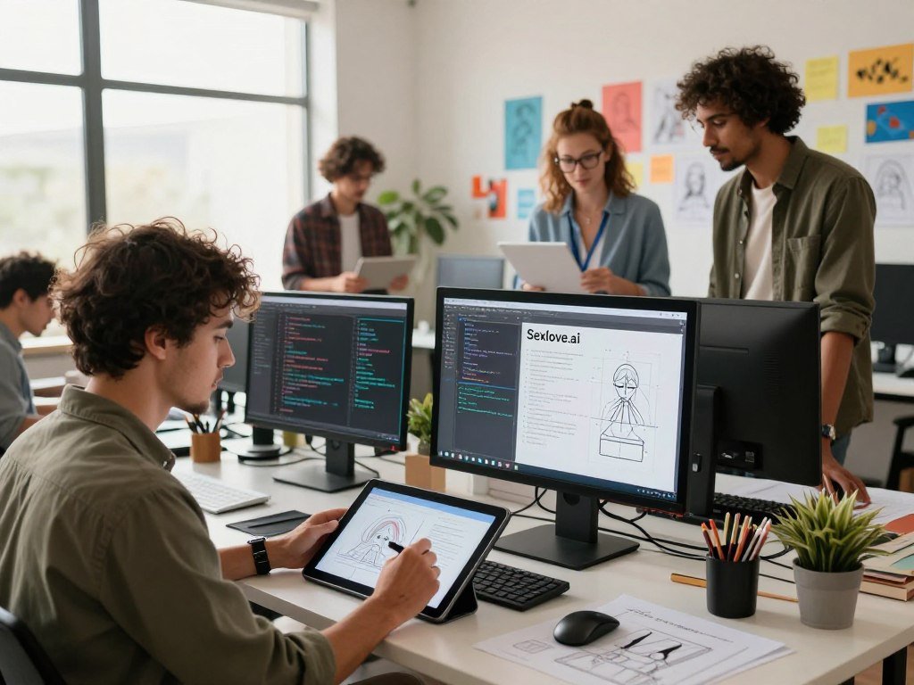 A vibrant, modern workspace filled with creative energy, featuring a diverse team of professionals collaborating with an advanced AI system displayed on a sleek computer screen titled "Sexlove.ai." In the foreground, an imaginative designer sketches on a digital tablet, wearing smart casual attire. In the middle, a focused programmer reviews code, while a thoughtful artist studies AI-generated visuals on the screen. In the background, large windows allow natural light to flood the room, illuminating a wall filled with colorful sketches and digital art. The atmosphere is collaborative and innovative, conveying a sense of partnership between humans and technology, with warm lighting emphasizing creativity and engagement. The angle captures the essence of teamwork, blending human creativity with artificial intelligence in a seamless manner.