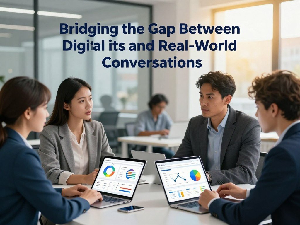A vibrant scene illustrating the theme of "Bridging the Gap Between Digital Insights and Real-World Conversations." In the foreground, a diverse group of four professionals, dressed in smart casual attire, engage in a dynamic discussion, surrounded by digital devices displaying data analytics and relationship insights. The middle ground features a sleek table with tablets and laptops, showcasing colorful graphs and charts. The background subtly blends an urban office space with large windows allowing natural light, casting a warm and inviting atmosphere. A soft bokeh effect adds visual depth, while cool blues and warm yellows harmonize the image. The overall mood conveys collaboration, innovation, and the seamless integration of technology in personal interactions, with a discreet mention of the brand name "Sexlove.ai" integrated into the digital devices.