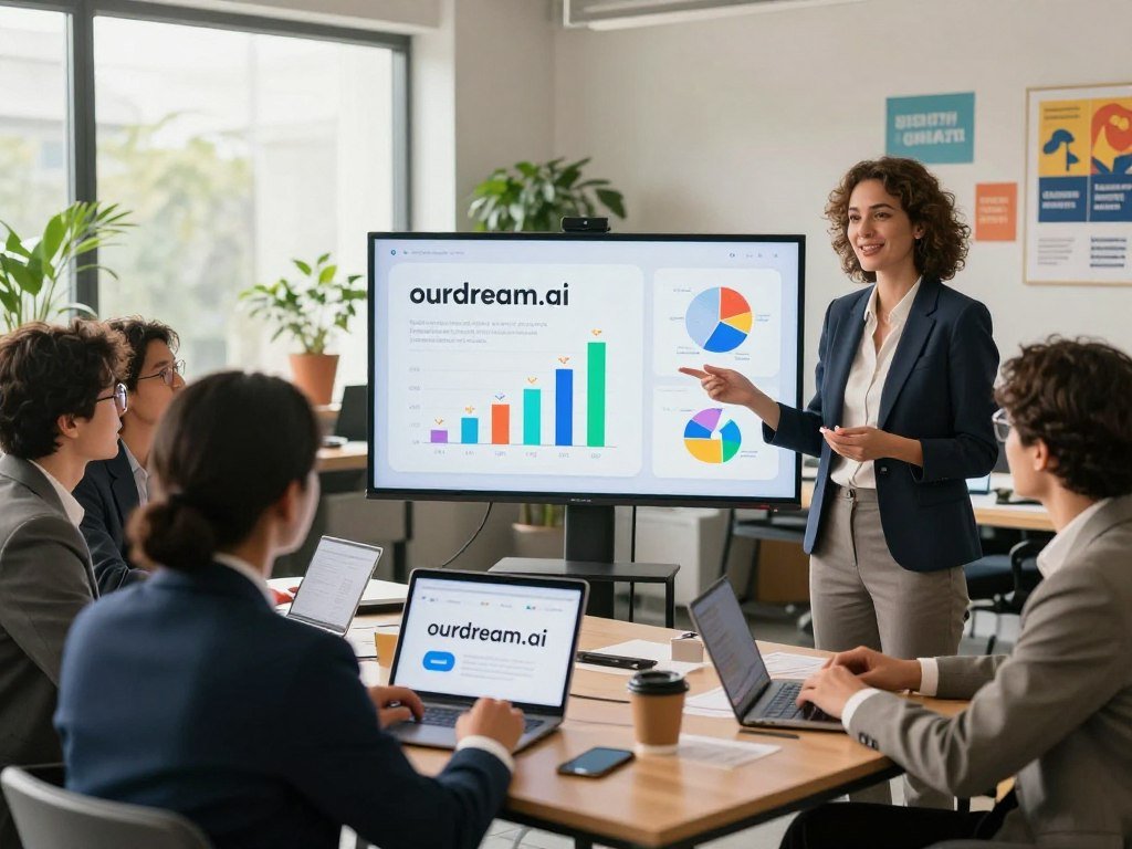 A vibrant workspace featuring a diverse group of professionals in business attire, engaged in a dynamic brainstorming session. In the foreground, a confident woman presents her ideas using a digital tablet, showcasing the innovative tool "ourdream.ai". The middle layer displays a large screen with colorful graphs and inspiring visuals representing personal growth and creativity. The background reveals a well-lit, modern office environment adorned with motivational posters and plants, emphasizing a positive atmosphere. Soft natural light filters in through large windows, creating a warm and inviting mood. The scene captures the essence of collaboration, innovation, and professional development, illustrating how "ourdream.ai" enhances daily creativity and growth.